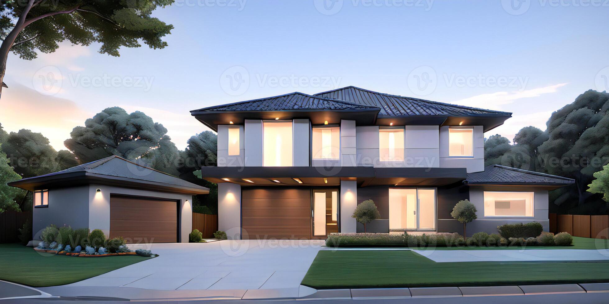 A modern house with a driveway in front of it ai generated photo