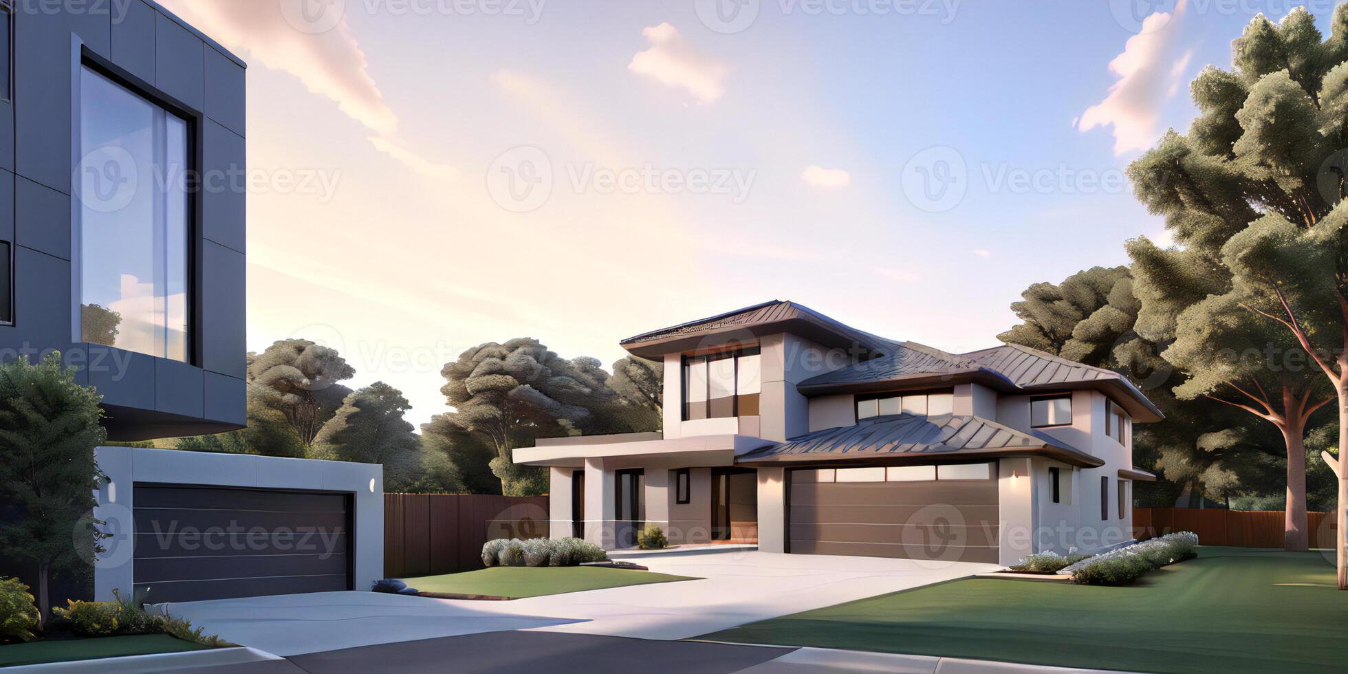 A modern house with a driveway in front of it ai generated photo