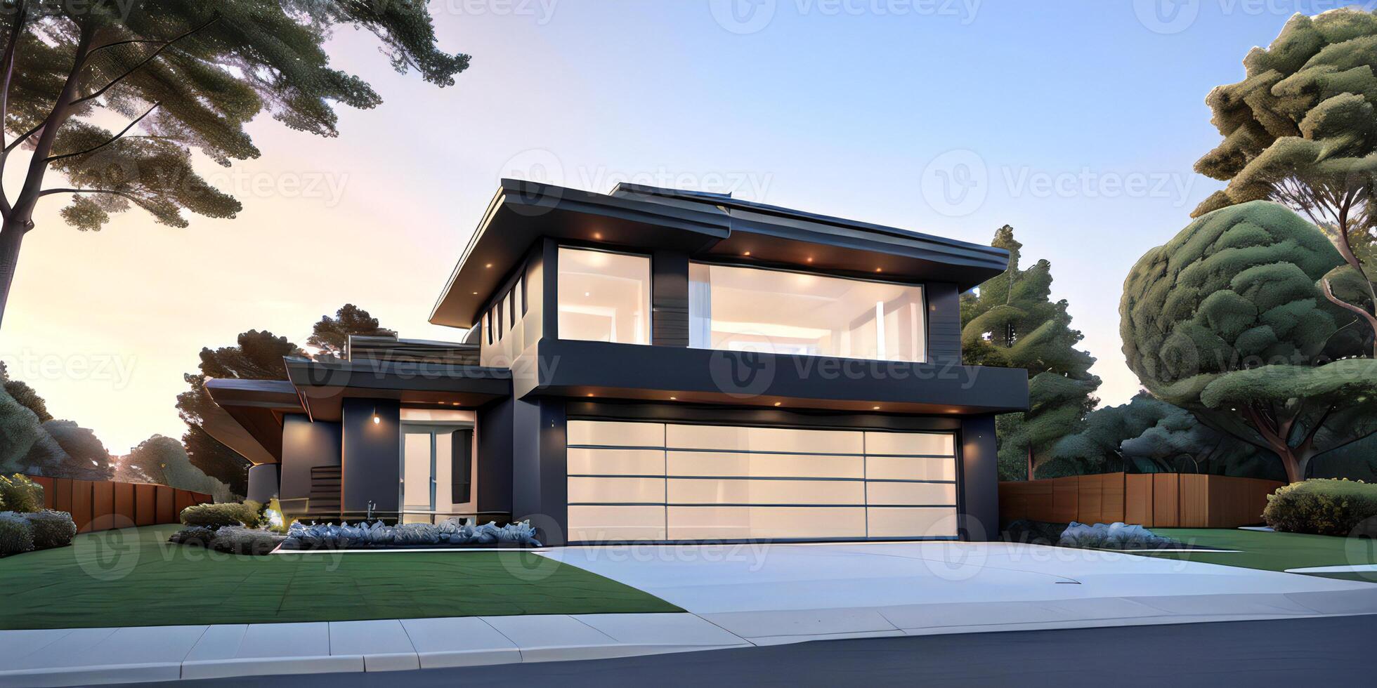 A modern house with a driveway in front of it photo