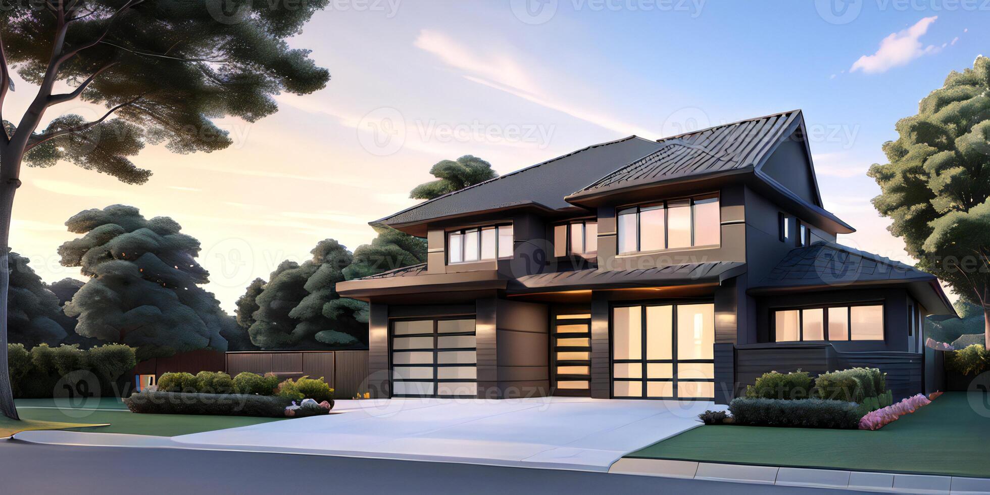 A modern house with a driveway in front of it photo