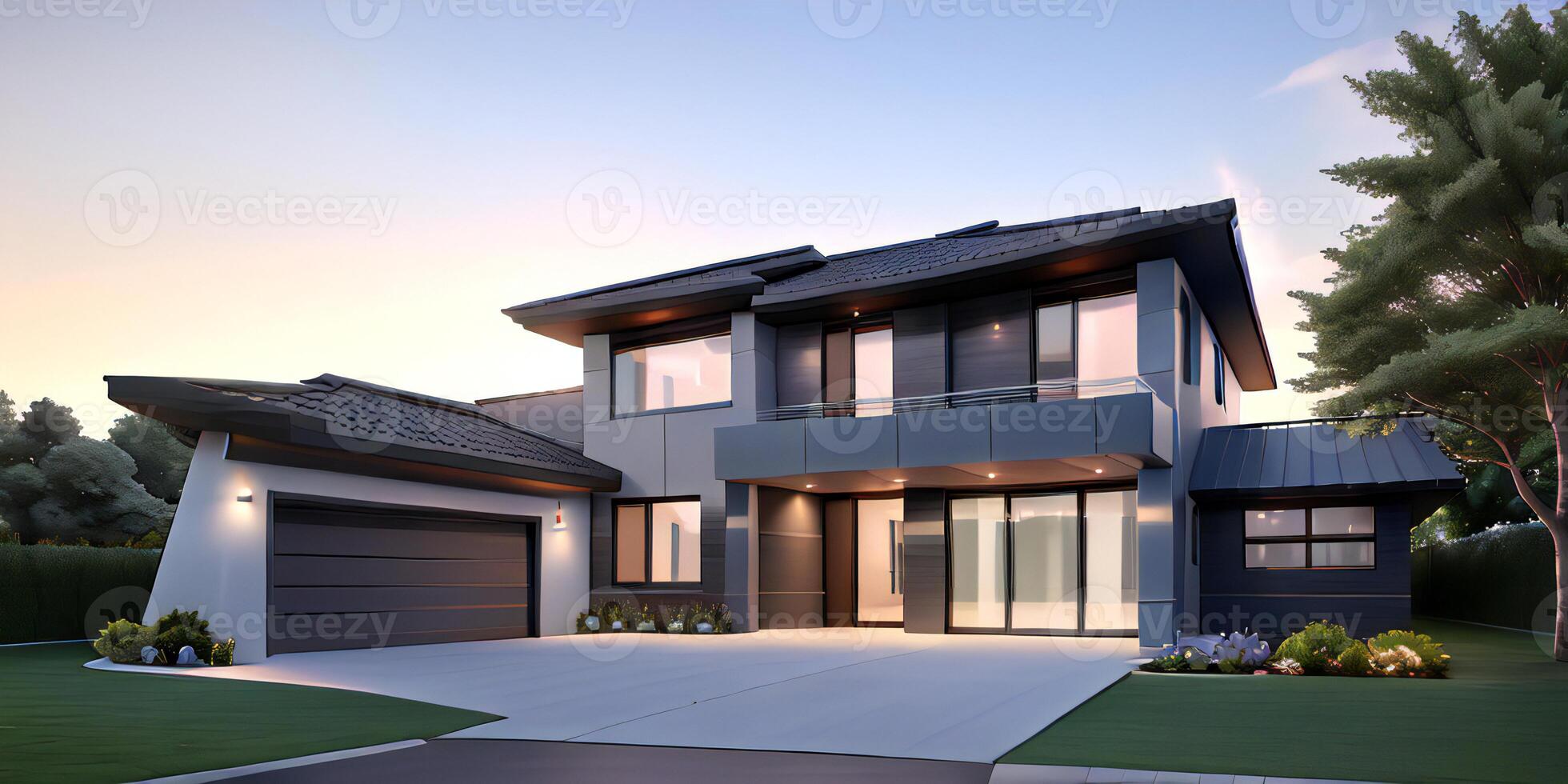 A modern house with a driveway in front of it photo