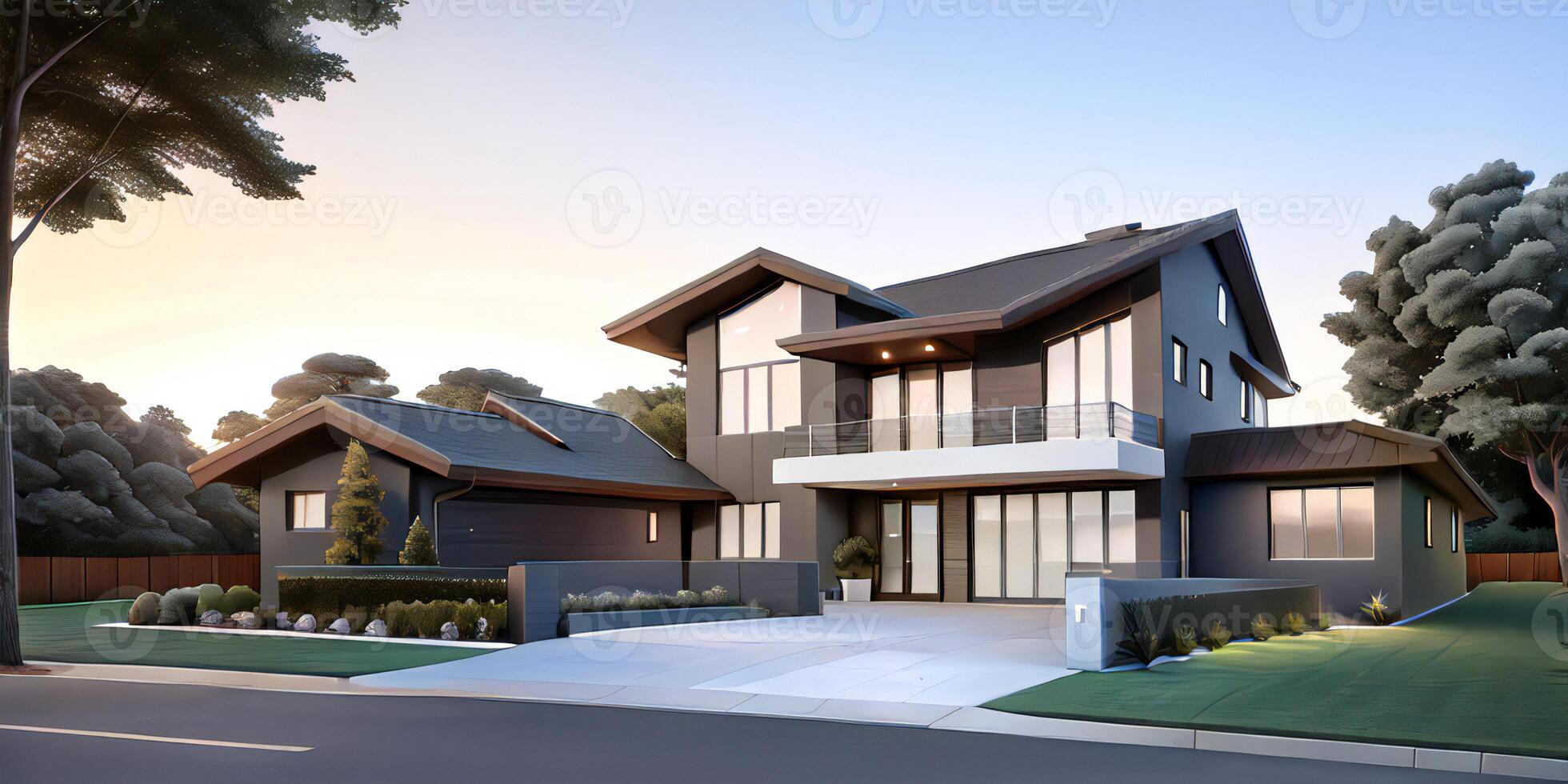 A modern house with a driveway in front of it photo