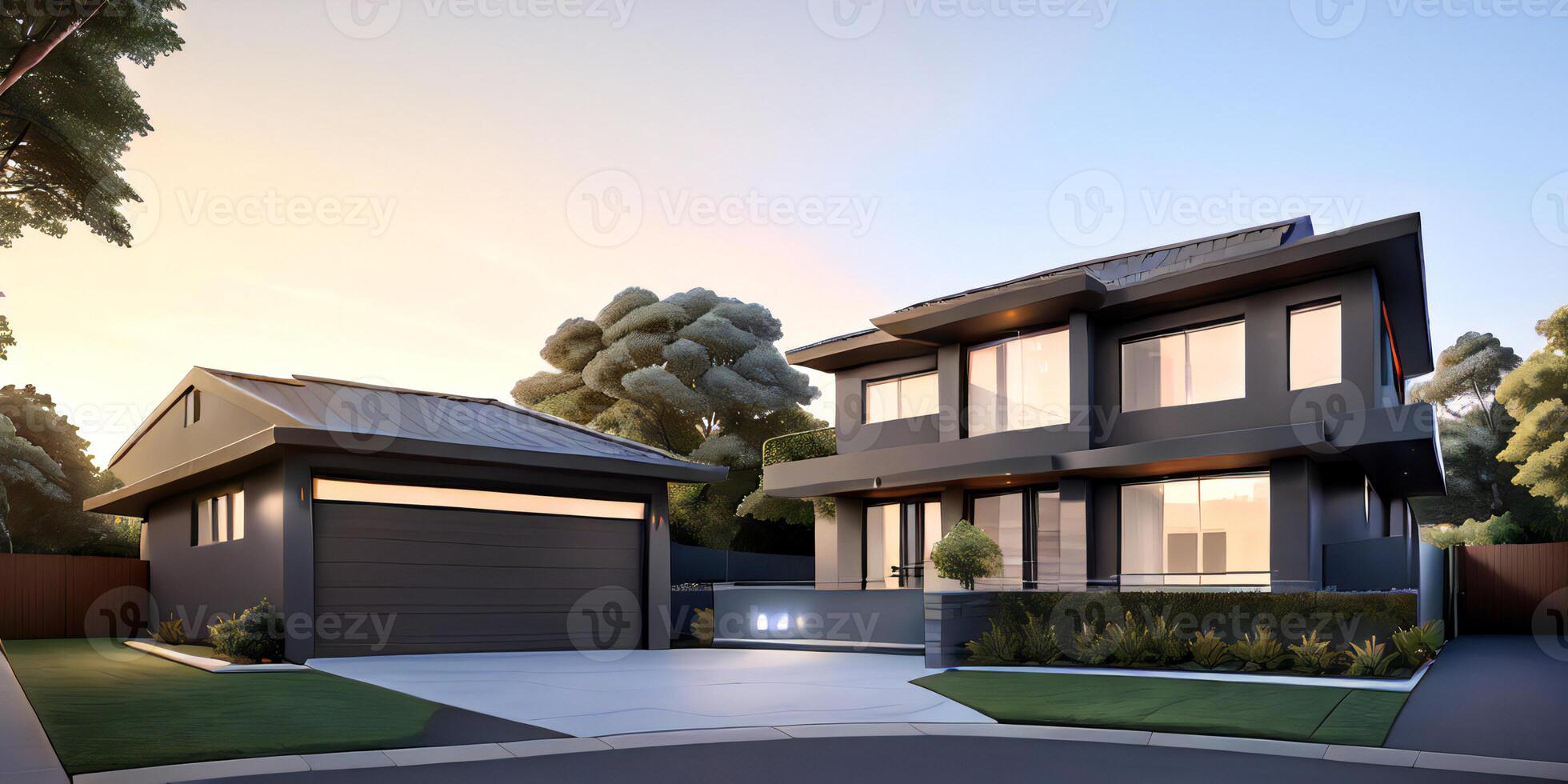 A modern house with a driveway in front of it ai generated photo