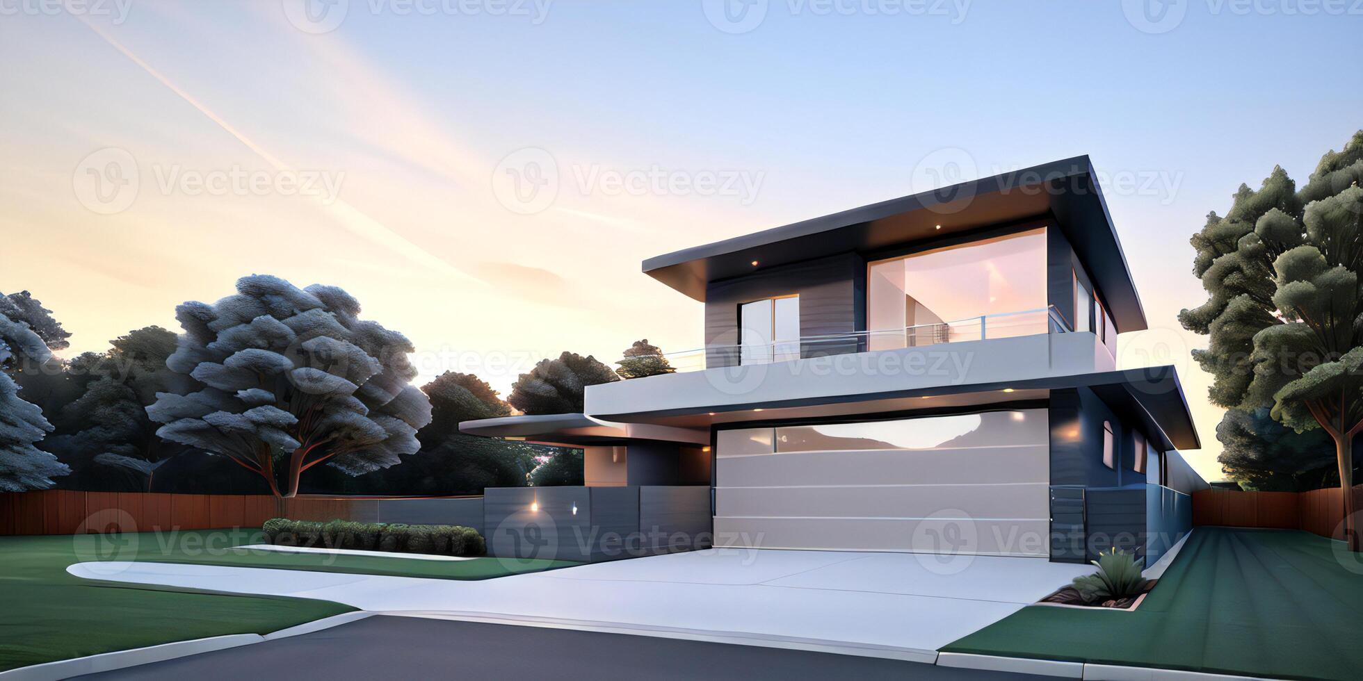 A modern house with a driveway in front of it photo
