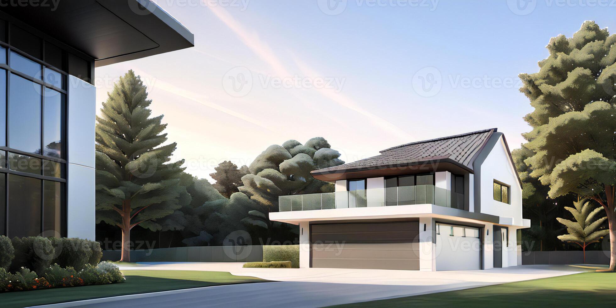 A modern house with a driveway in front of it ai generated photo