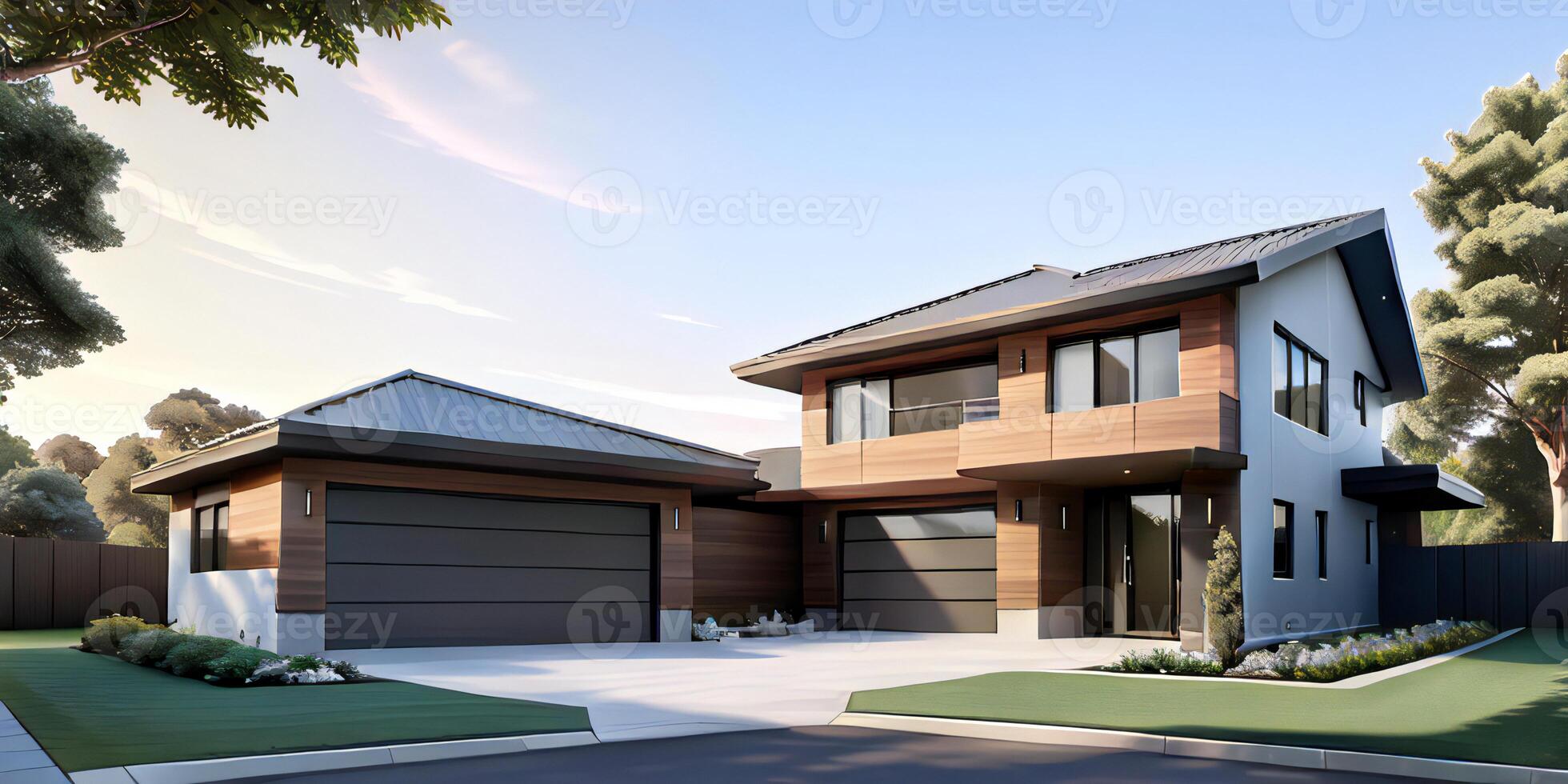 A modern house with a driveway in front of it photo