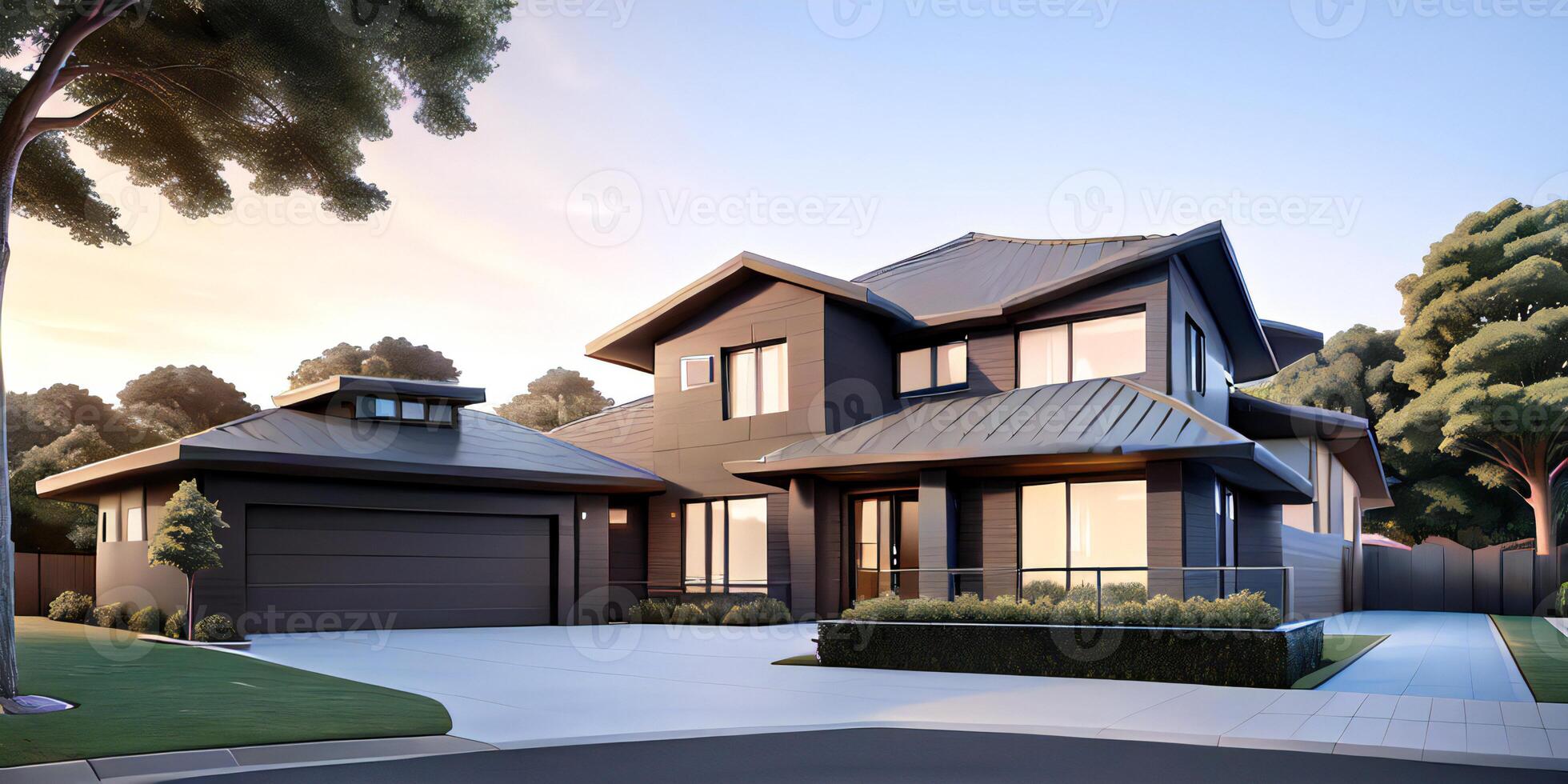 A modern house with a driveway in front of it photo