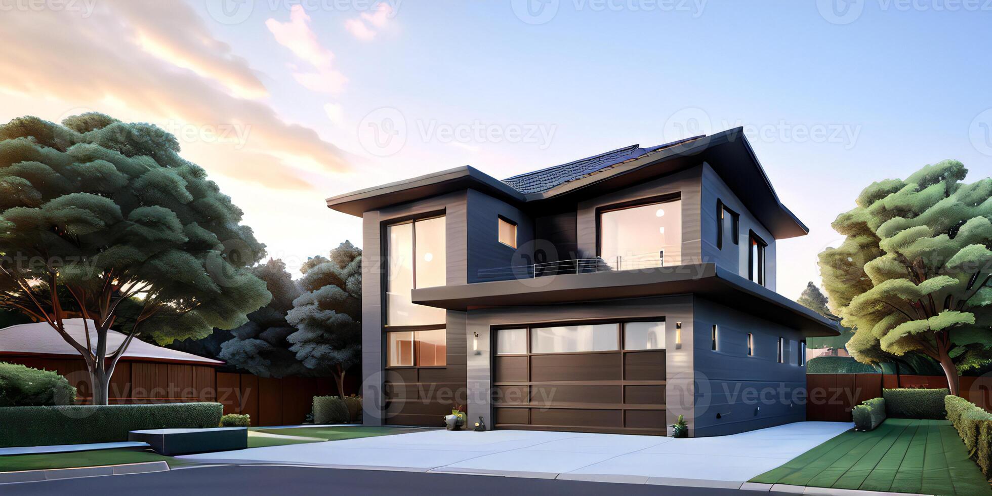 A modern house with a driveway in front of it photo