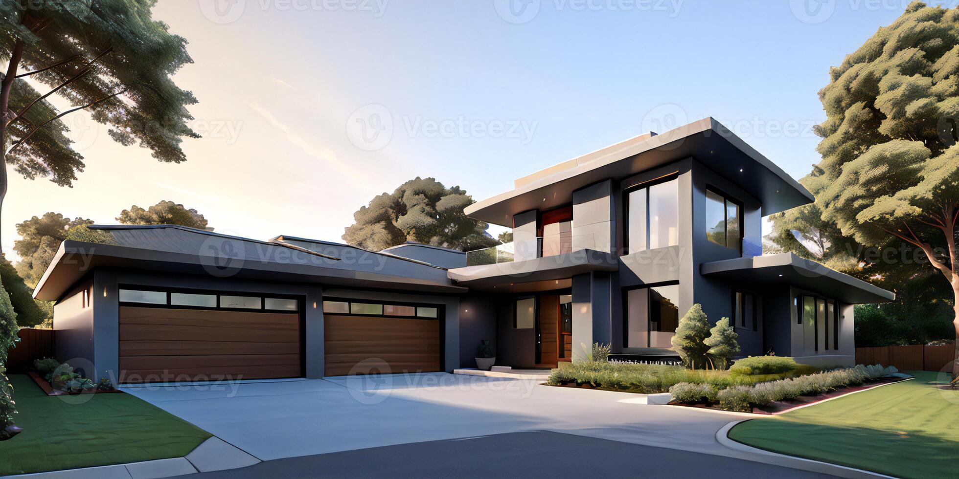 A modern house with a driveway in front of it photo