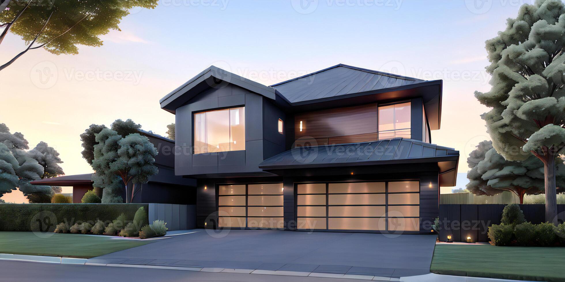A modern house with a driveway in front of it photo