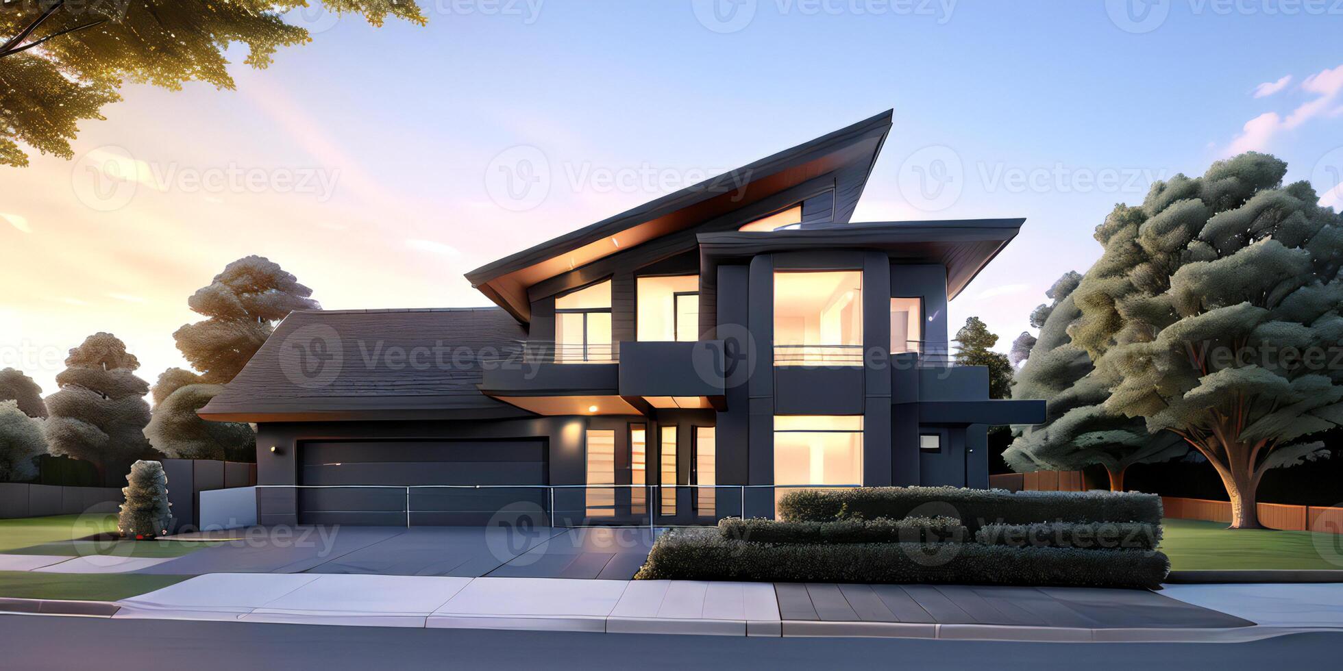 A modern house with a driveway in front of it photo