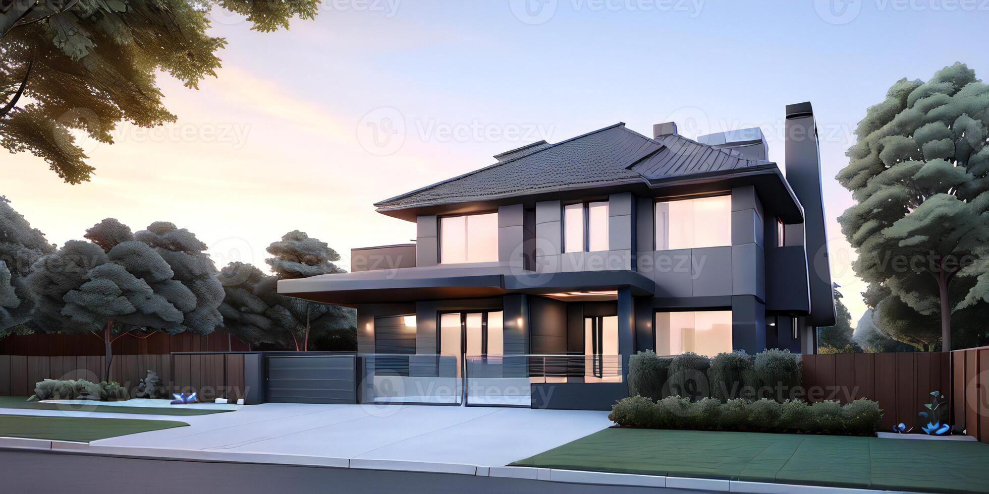 A modern house with a driveway in front of it photo