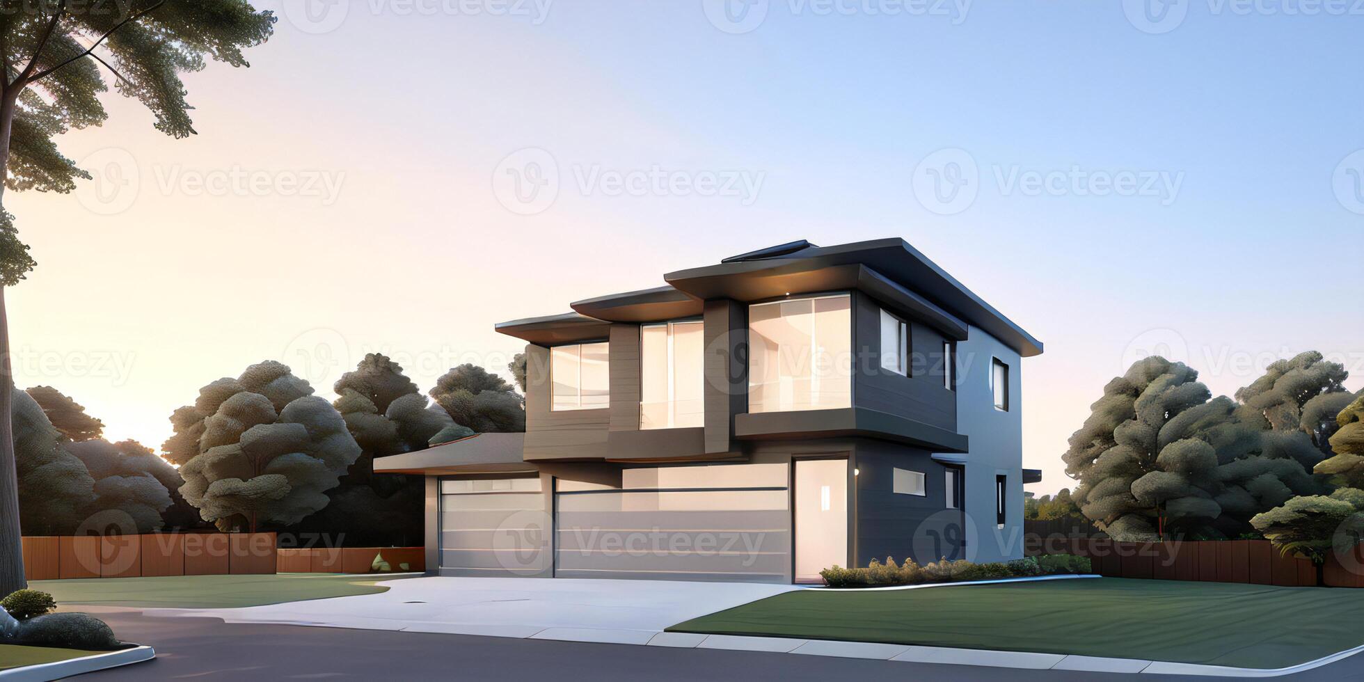 A modern house with a driveway in front of it photo