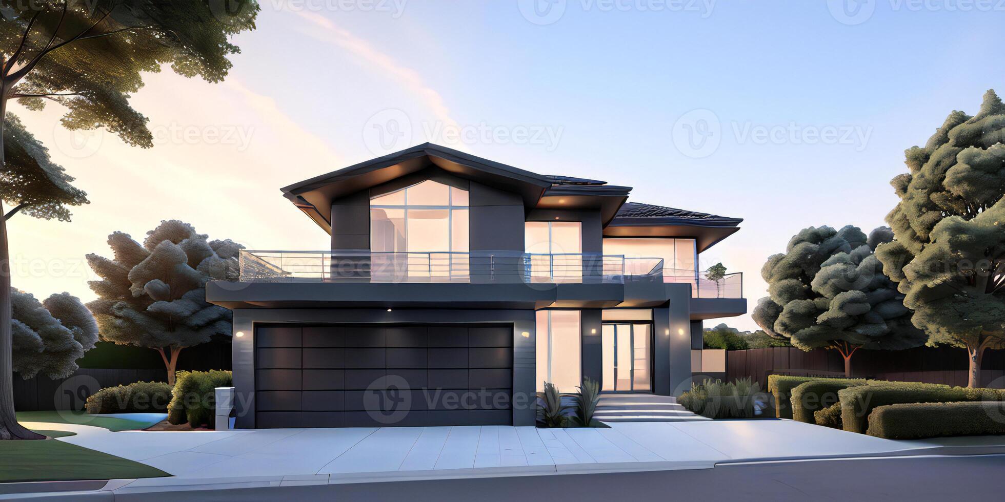 A modern house with a driveway in front of it ai generated photo