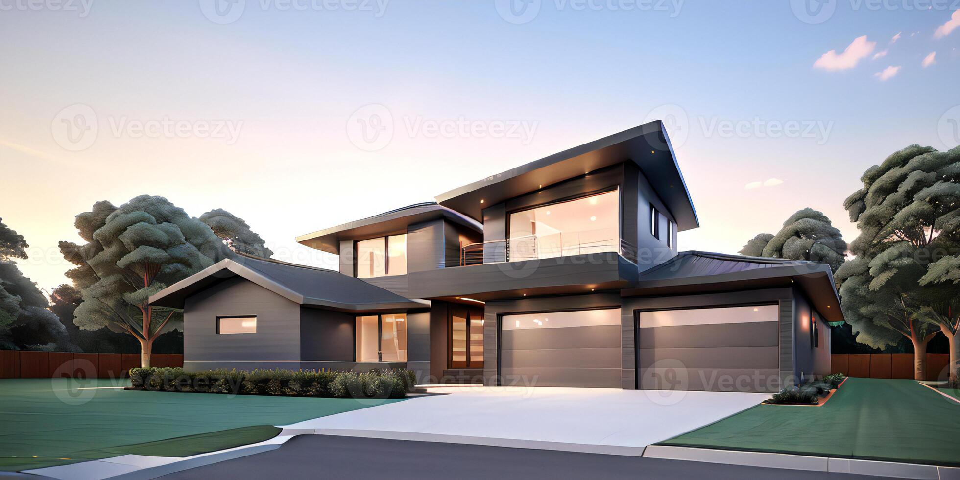 A modern house with a driveway in front of it photo