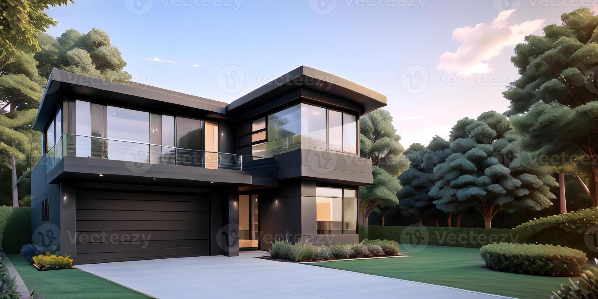 A modern house with a driveway in front of it ai generated photo