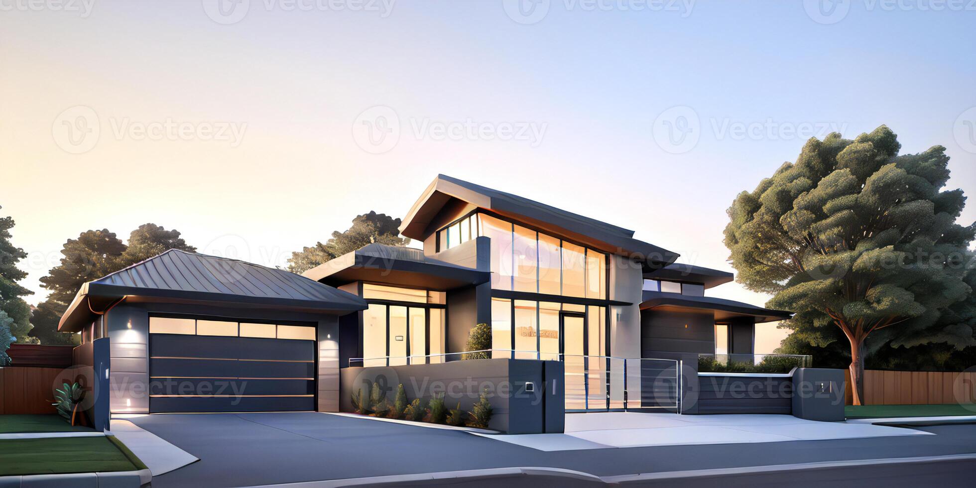 A modern house with a driveway in front of it photo