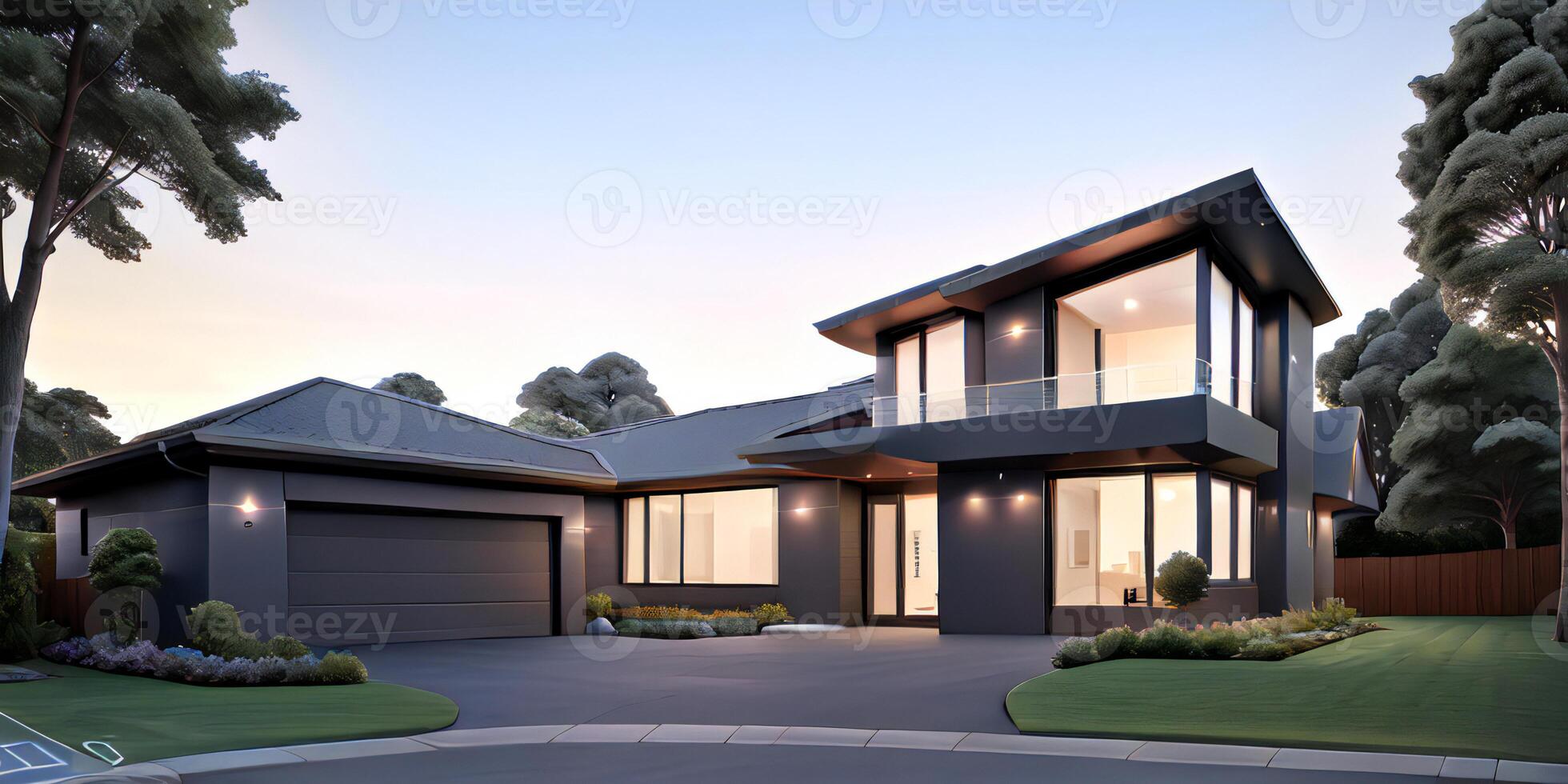 A modern house with a driveway in front of it photo