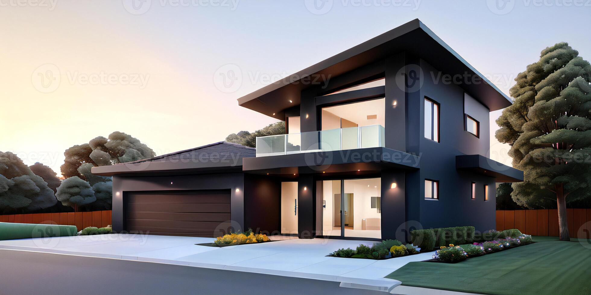 A modern house with a driveway in front of it photo