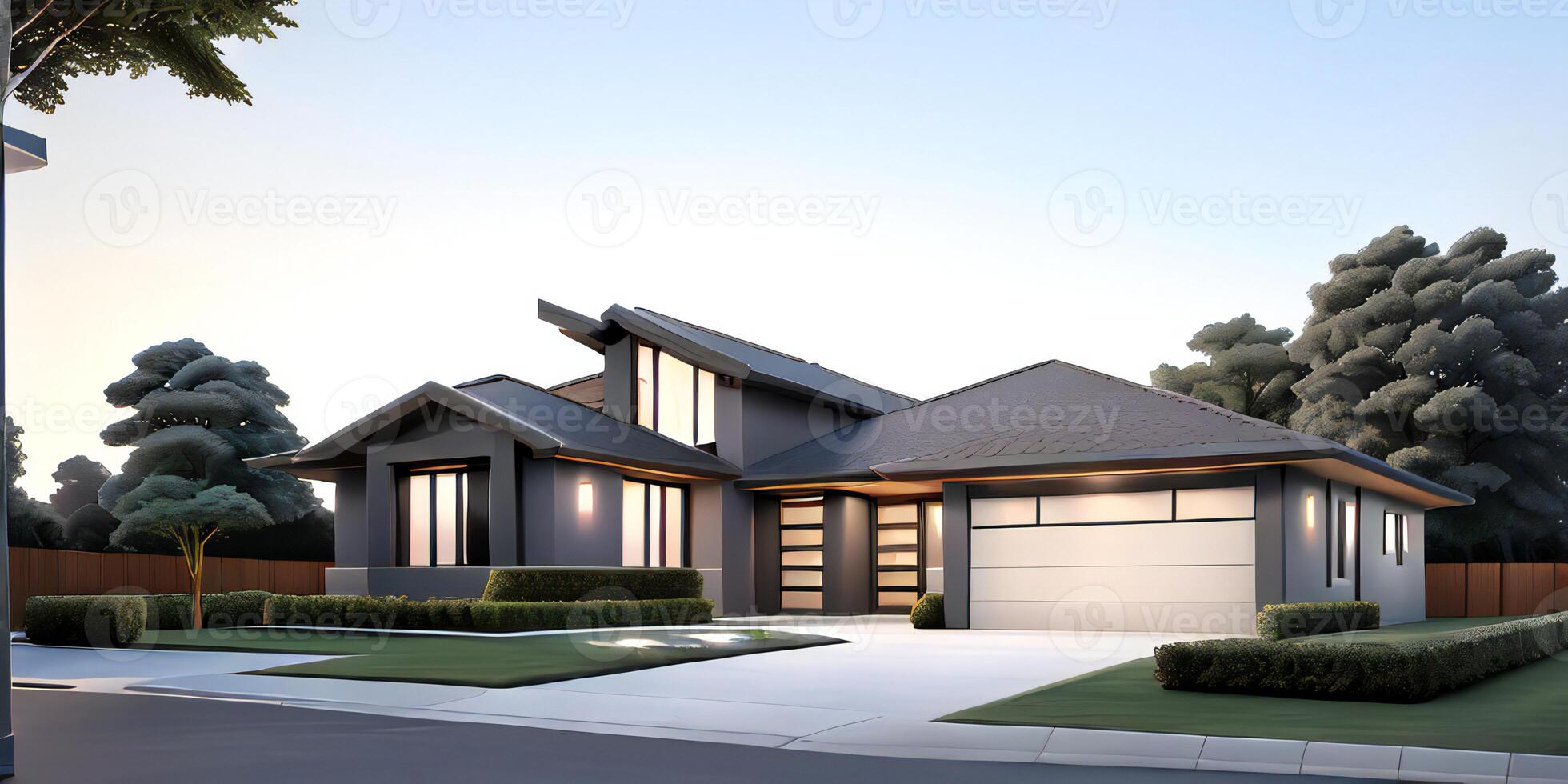 A modern house with a driveway in front of it ai generated photo