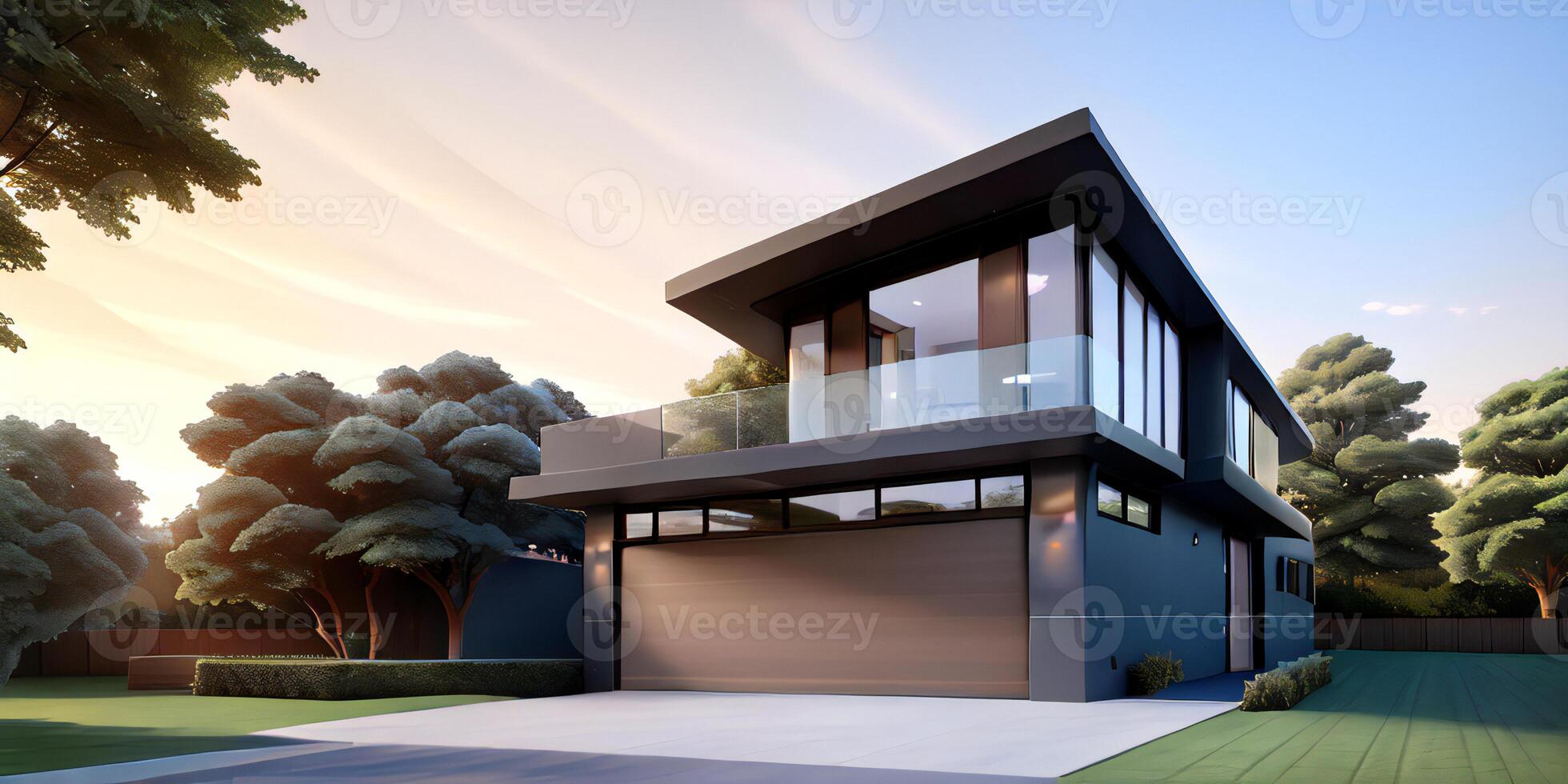 A modern house with a driveway in front of it ai generated photo