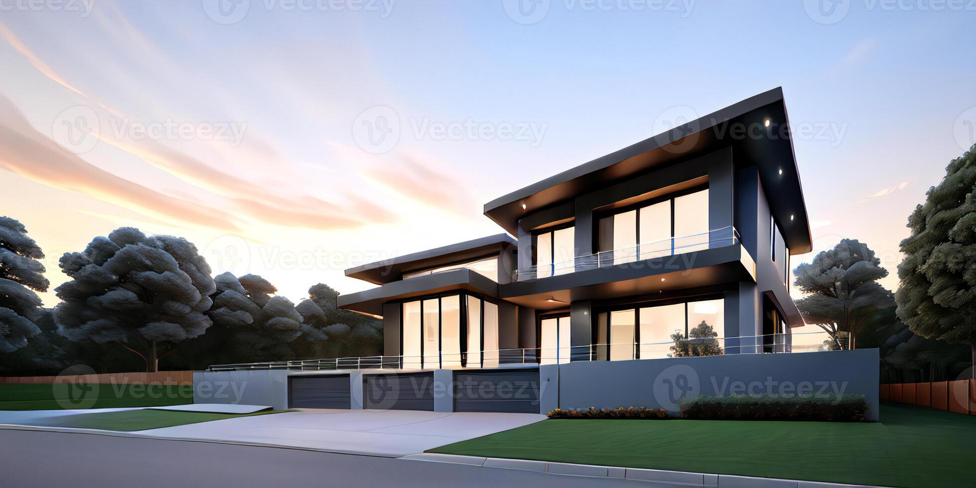 A modern house with a driveway in front of it ai generated photo