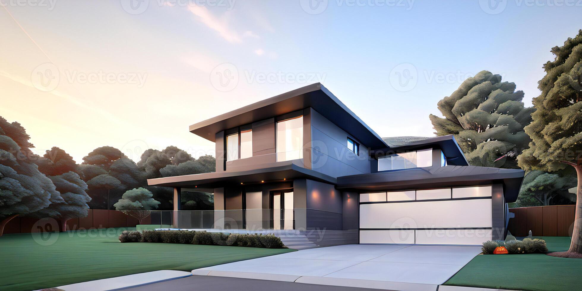 A modern house with a driveway in front of it photo