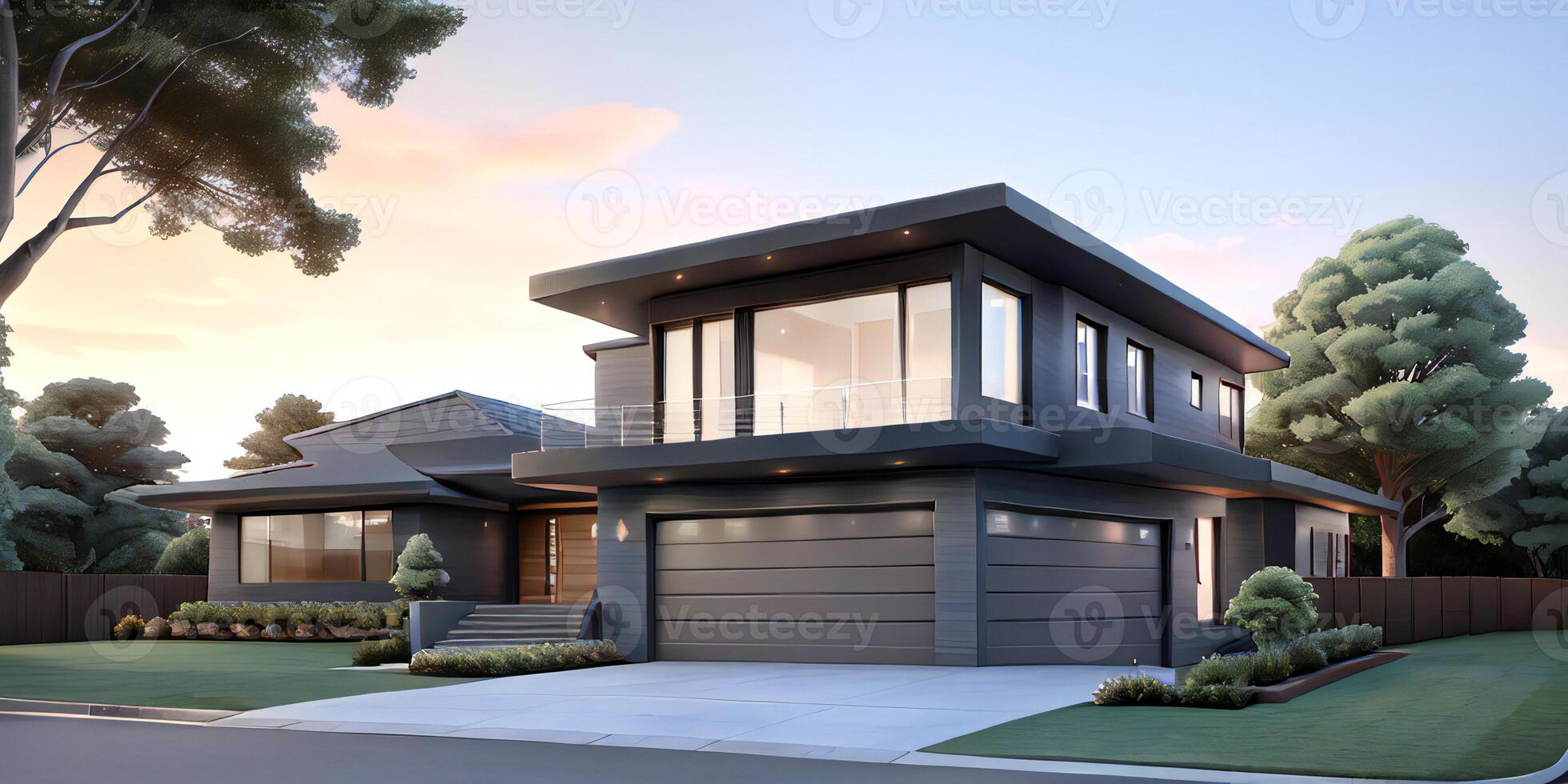 A modern house with a driveway in front of it photo