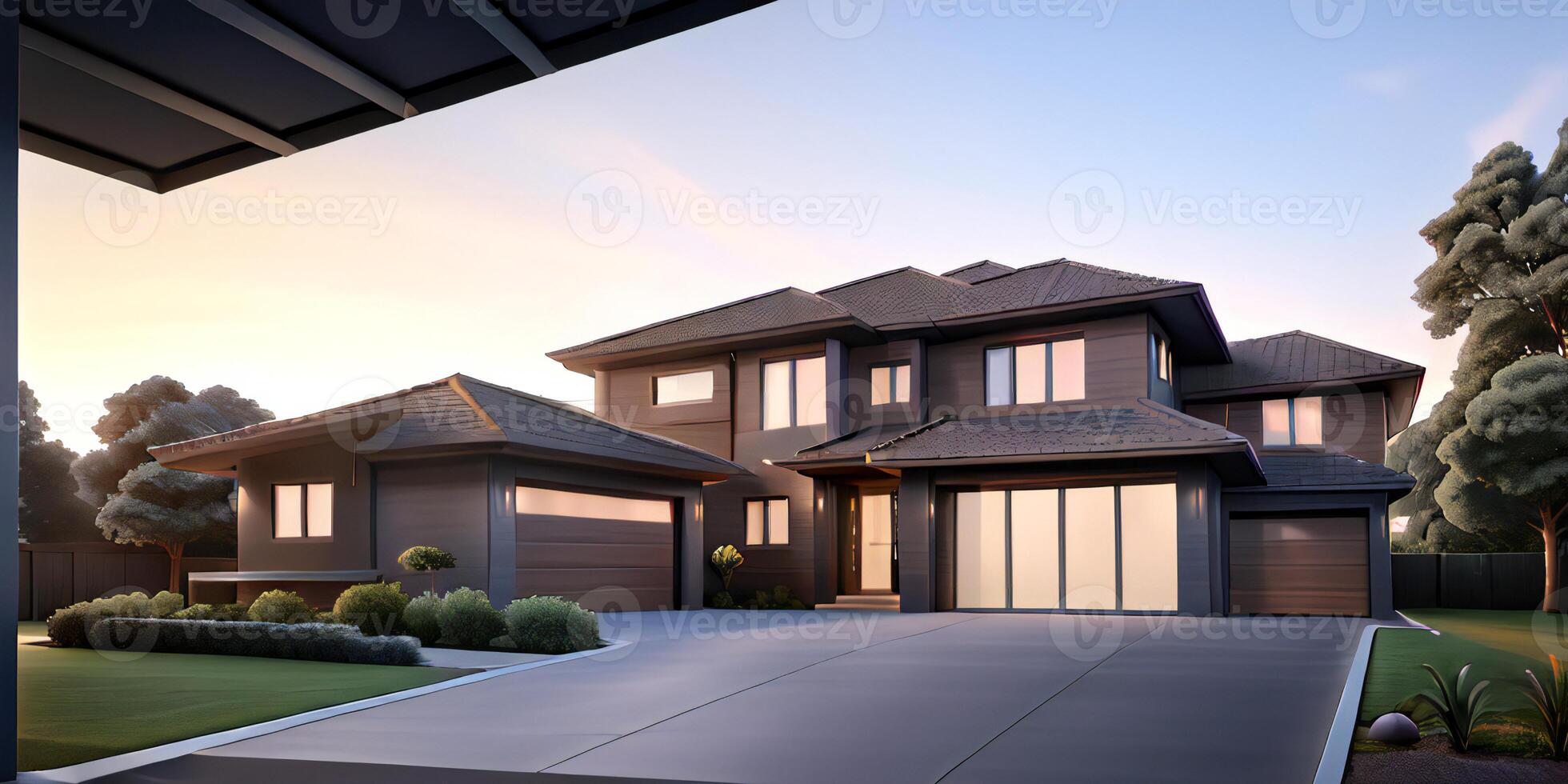 A modern house with a driveway in front of it photo