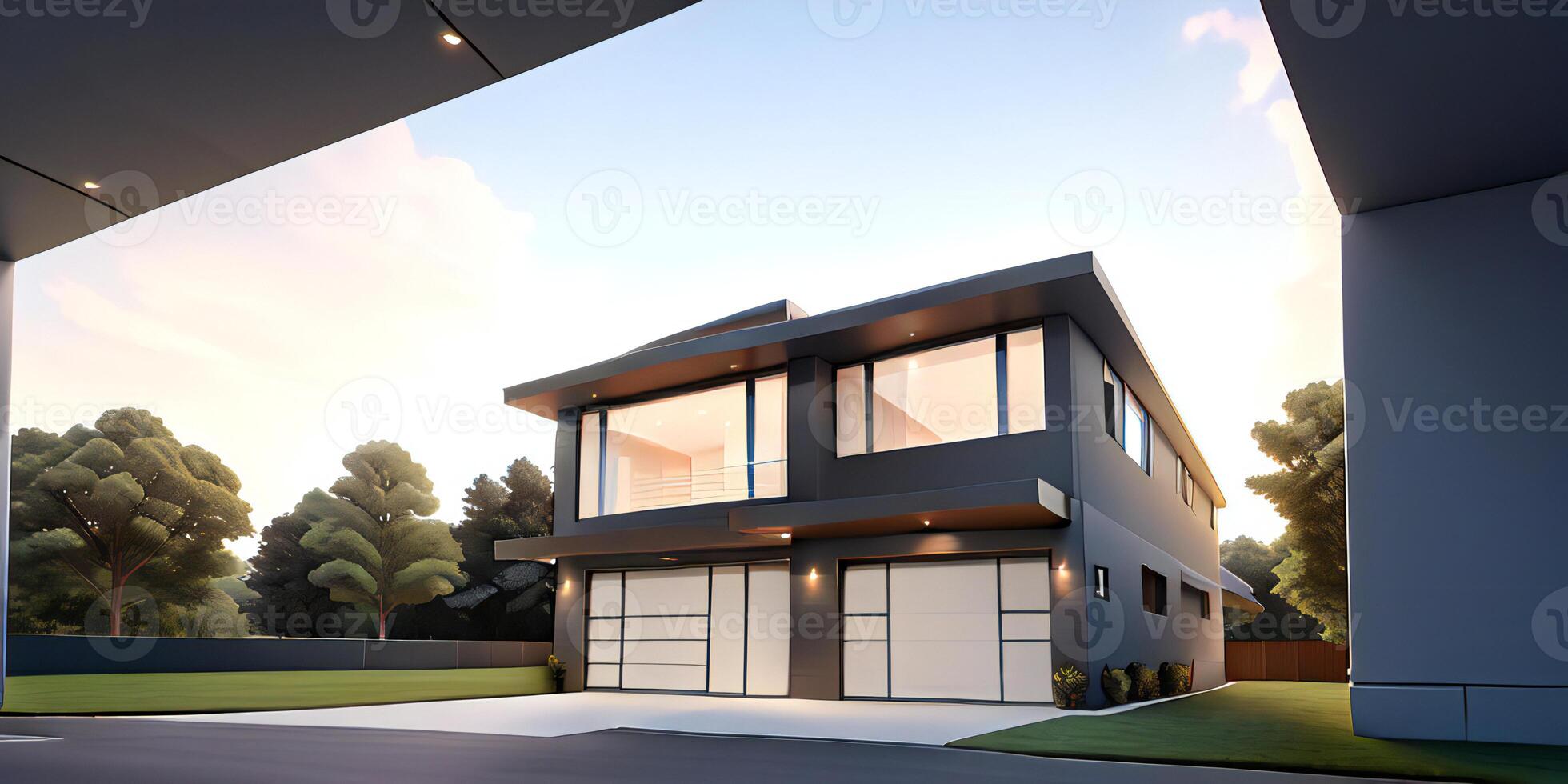 A modern house with a driveway in front of it ai generated photo