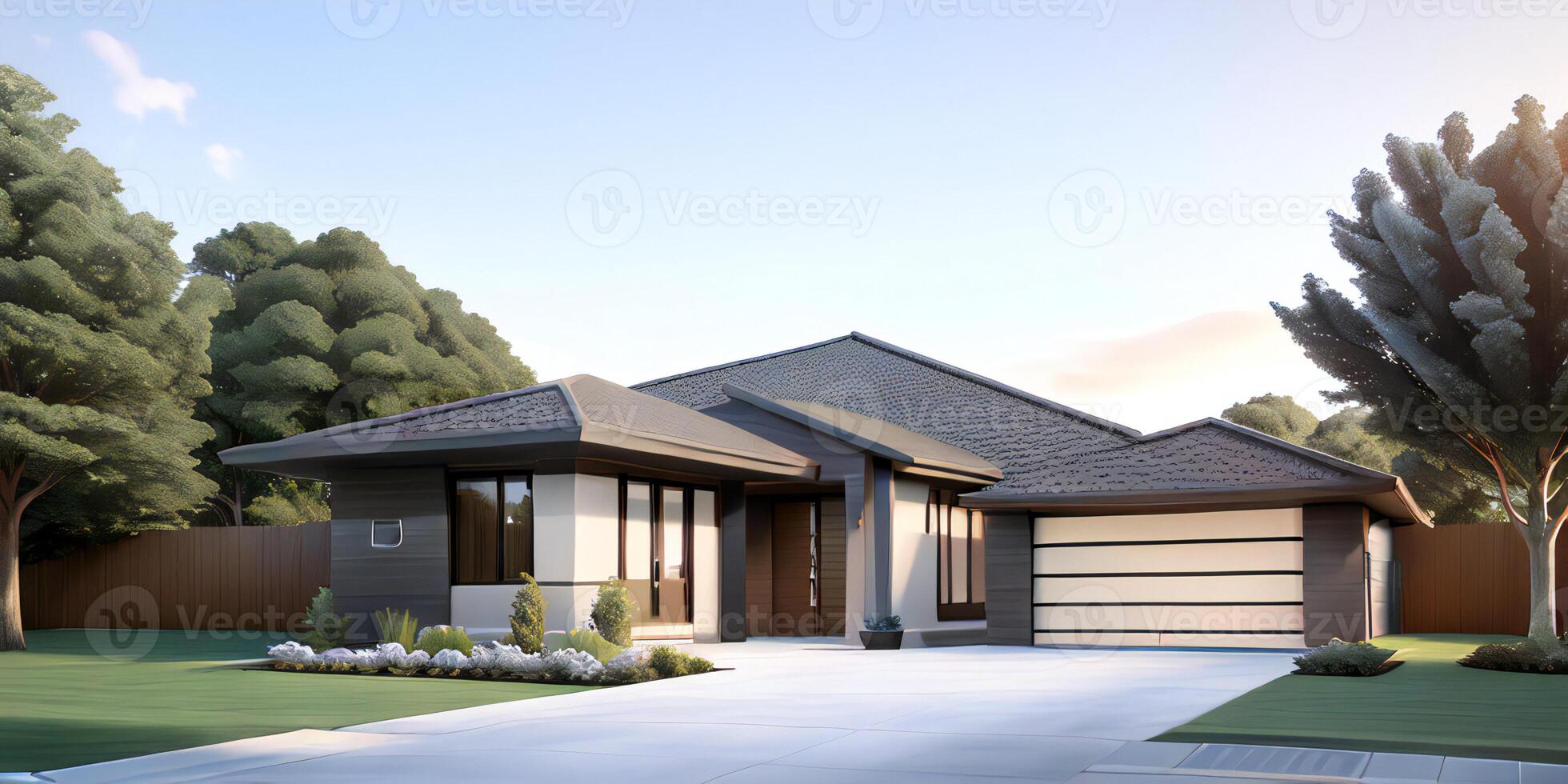 A modern house with a driveway in front of it ai generated photo