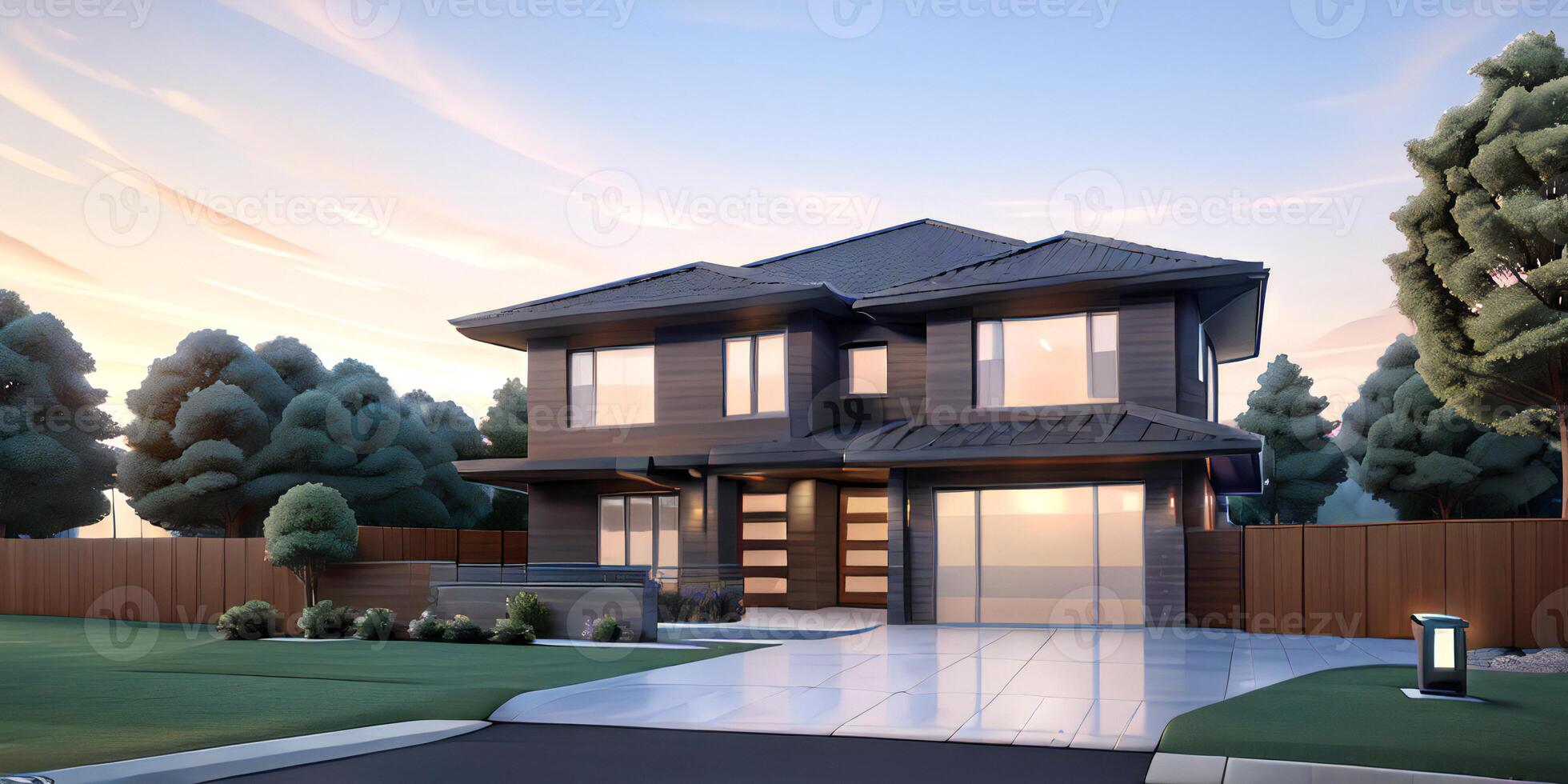 A modern house with a driveway in front of it photo