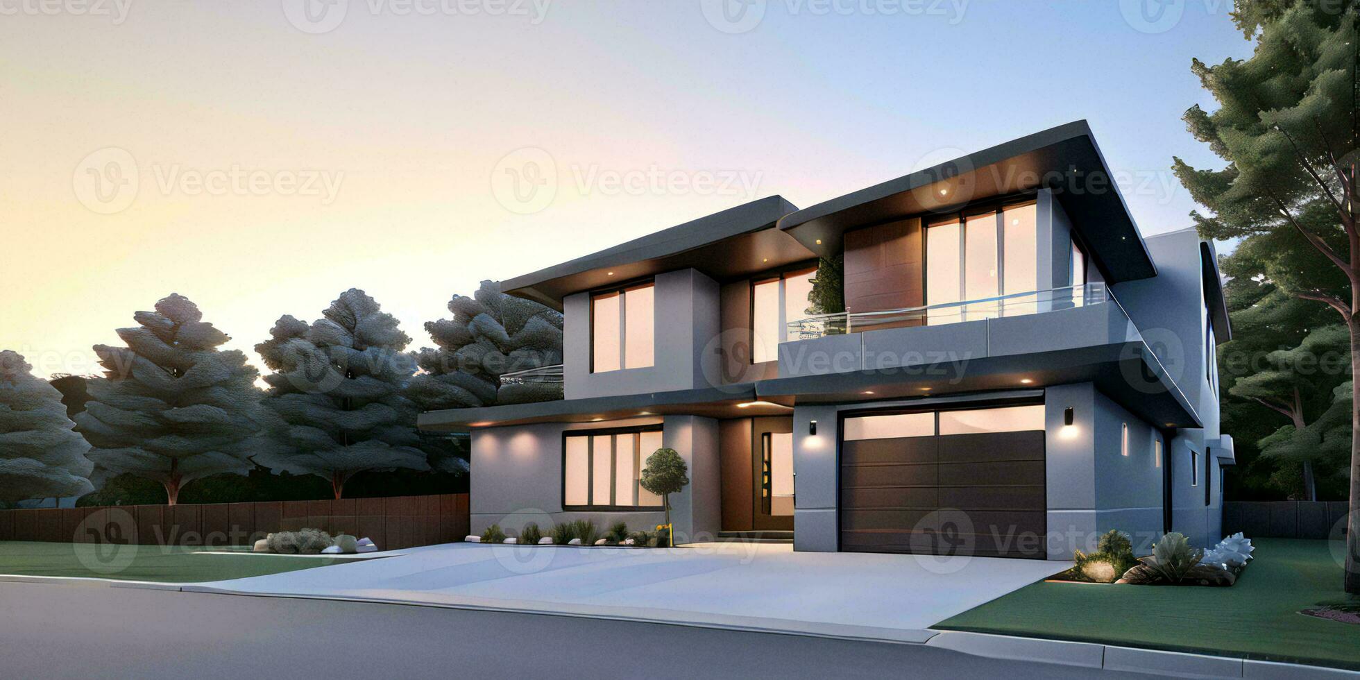 A modern house with a driveway in front of it ai generated photo