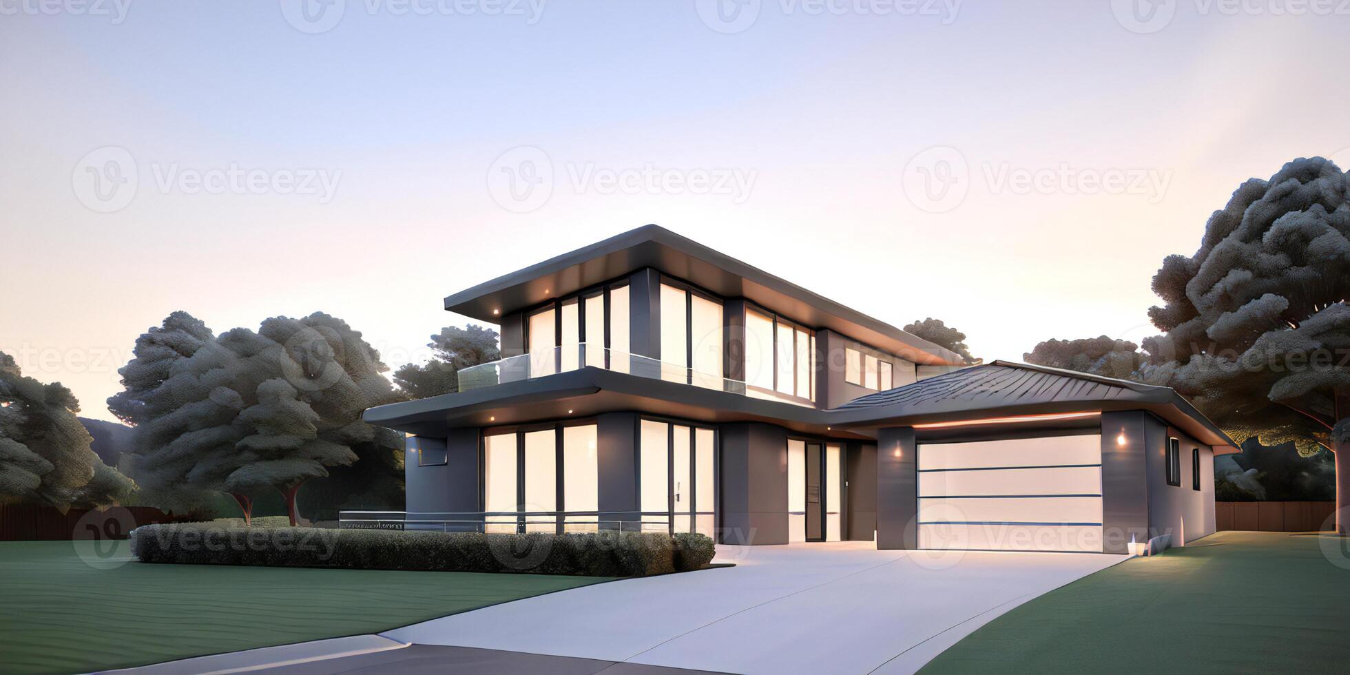 A modern house with a driveway in front of it photo