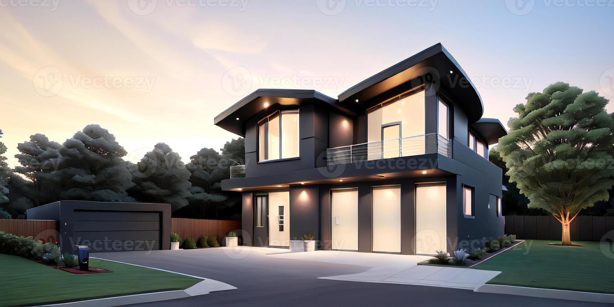 A modern house with a driveway in front of it photo
