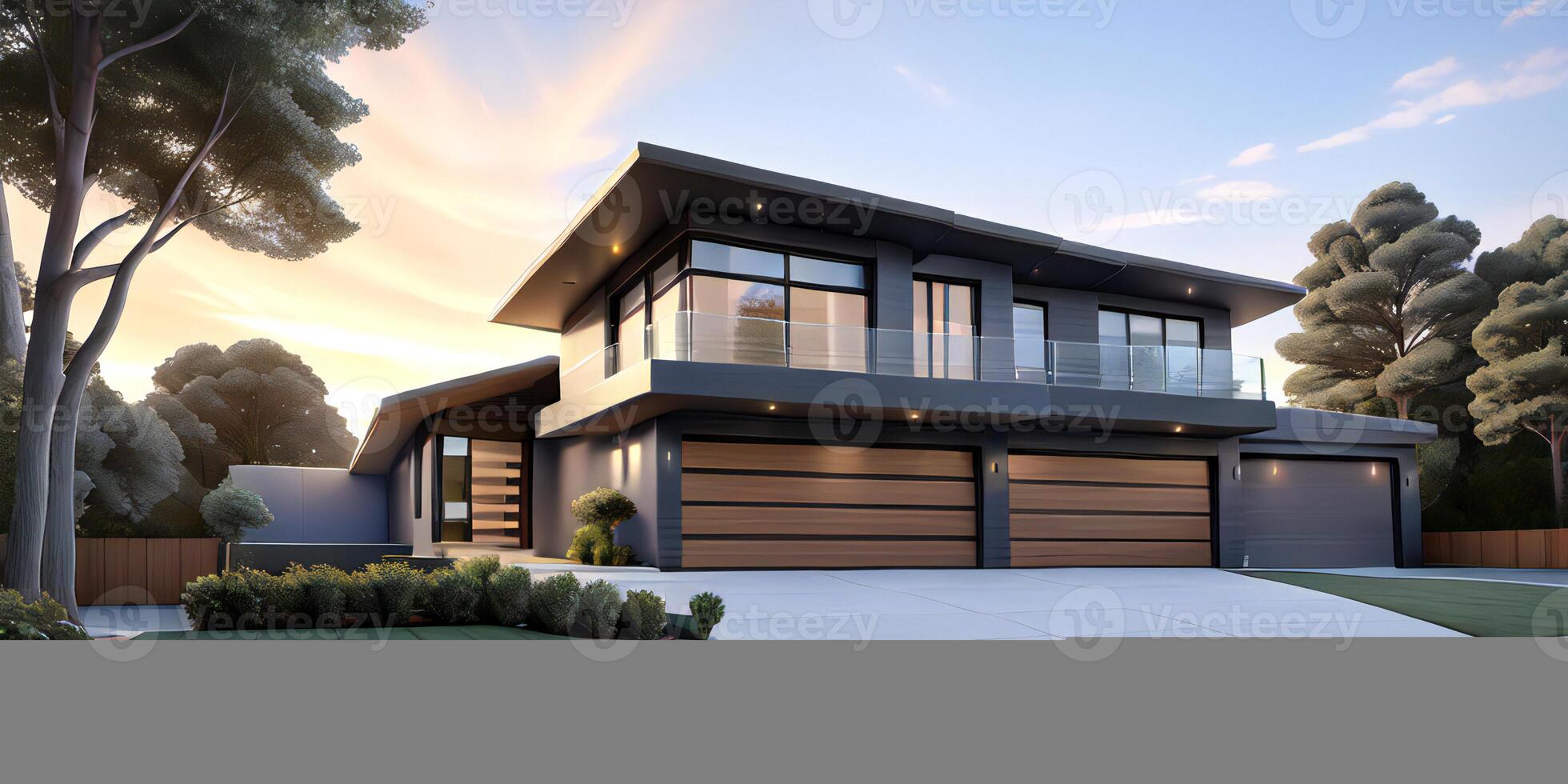 A modern house with a driveway in front of it photo