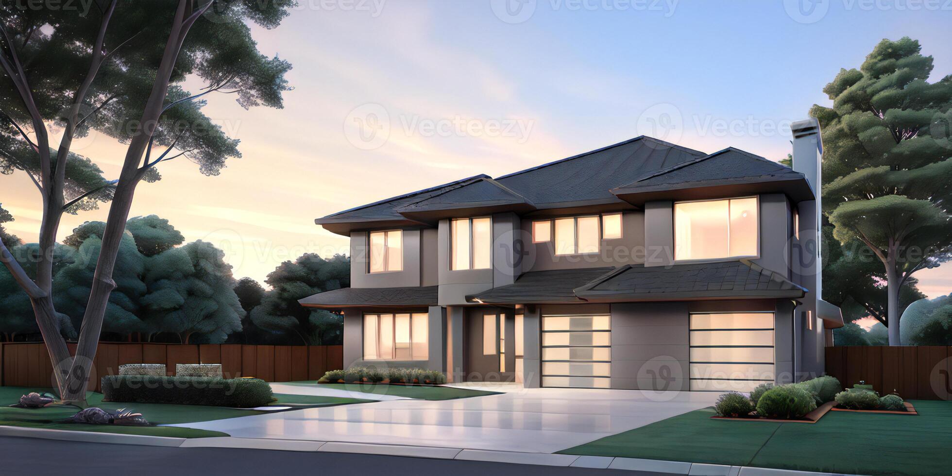 A modern house with a driveway in front of it ai generated photo