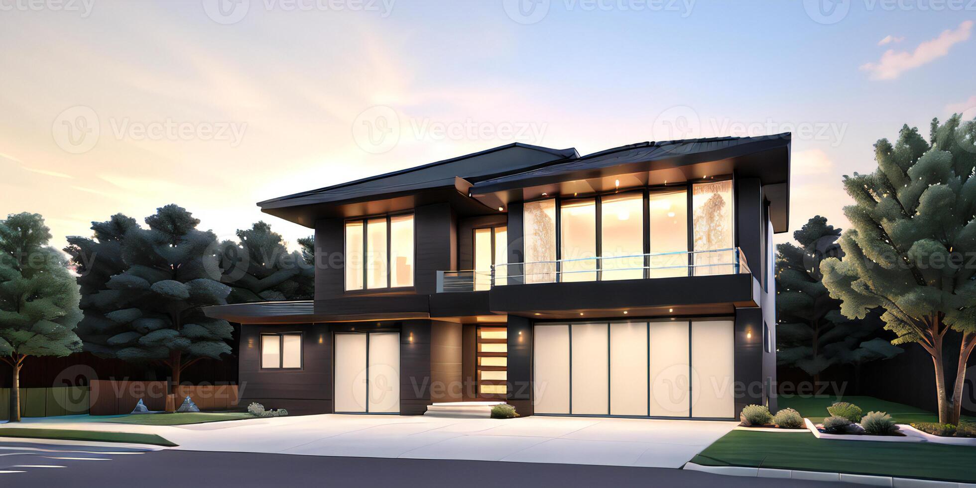 A modern house with a driveway in front of it ai generated photo