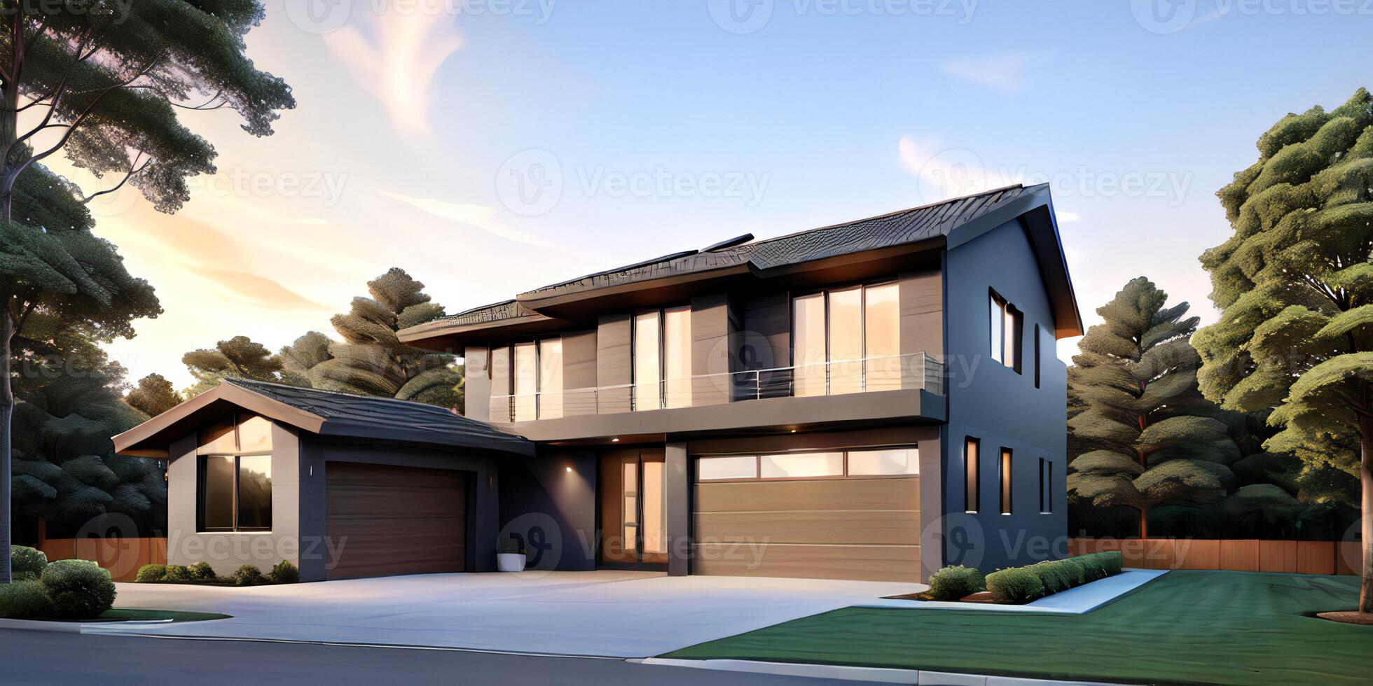 A modern house with a driveway in front of it photo