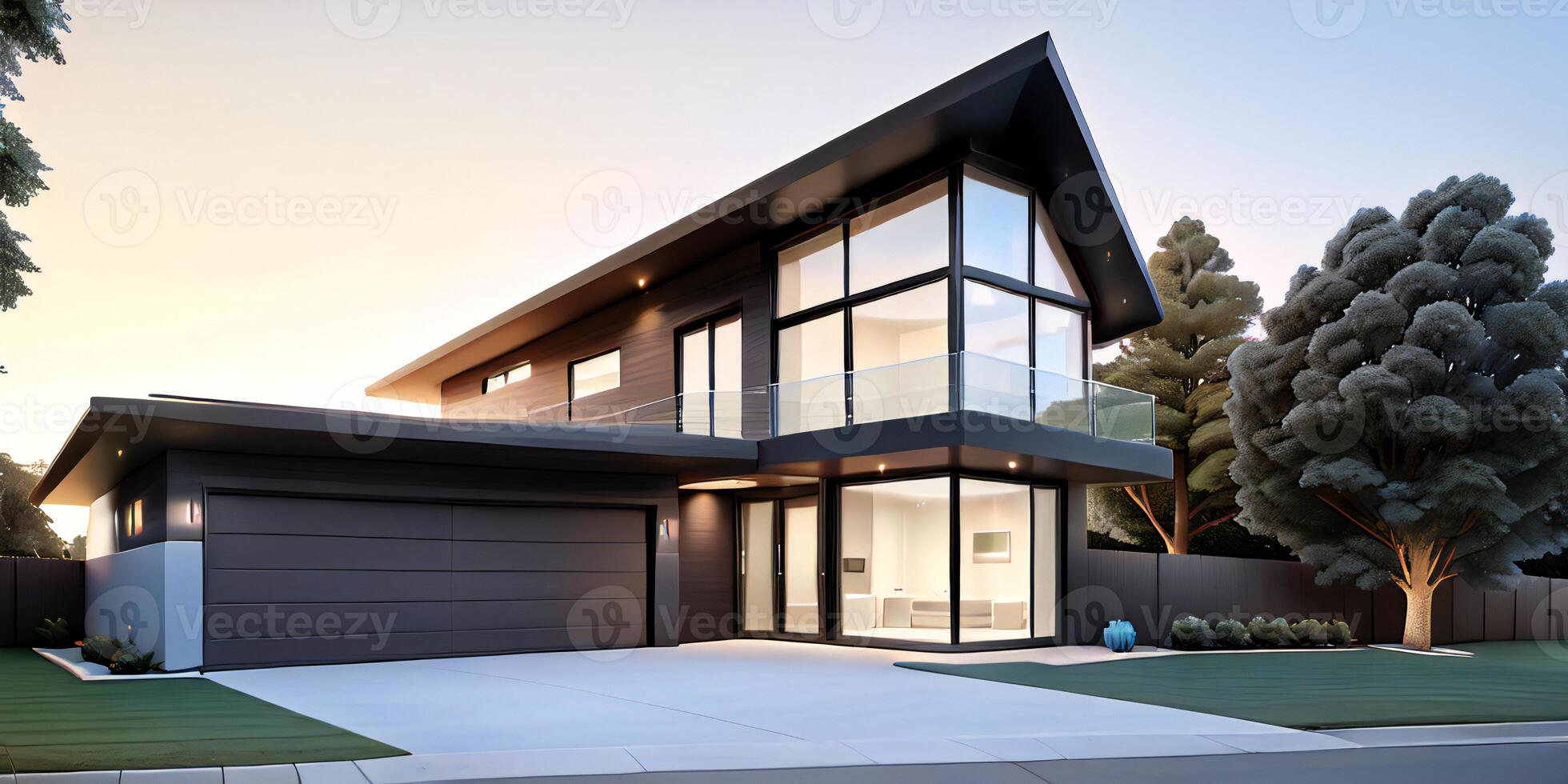 A modern house with a driveway in front of it photo