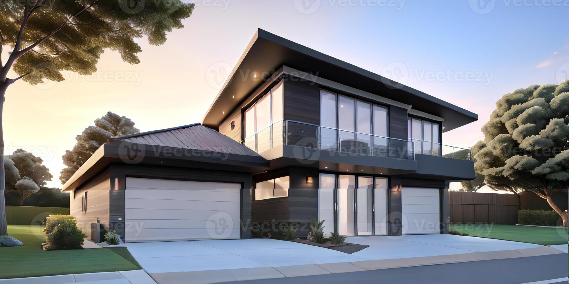 A modern house with a driveway in front of it photo