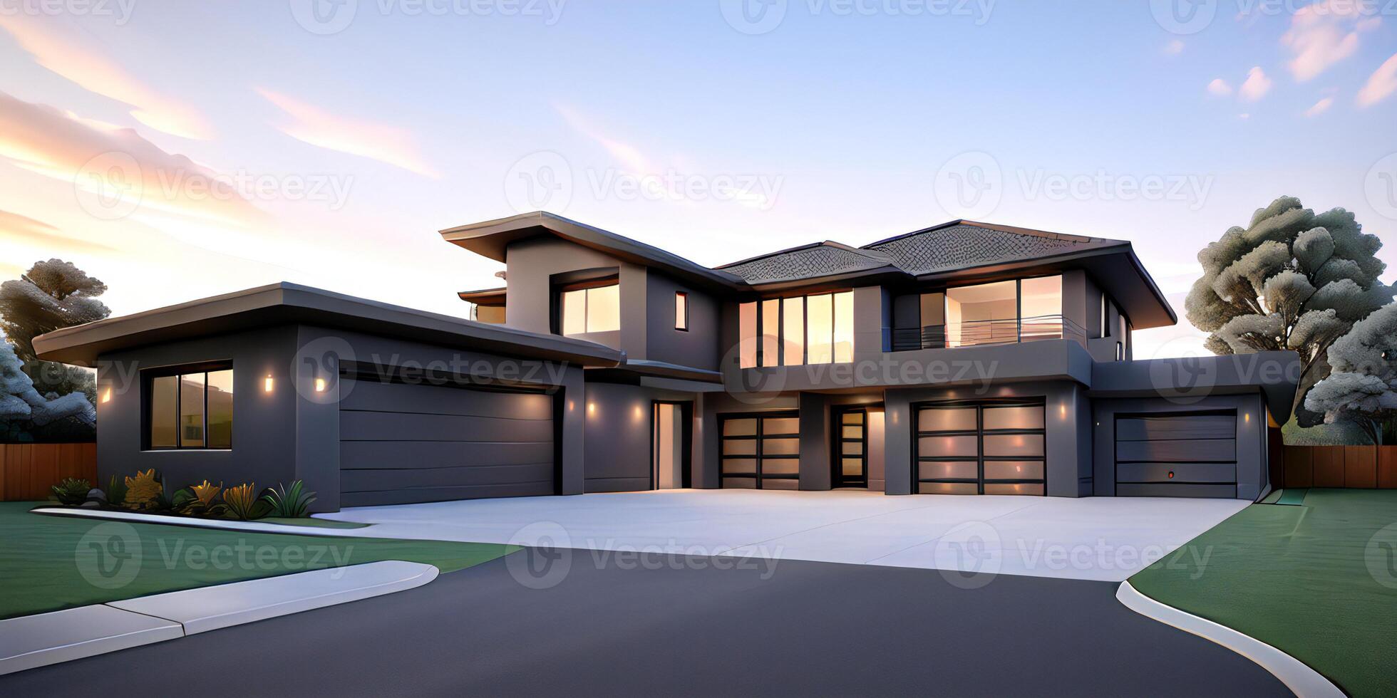 A modern house with a driveway in front of it photo