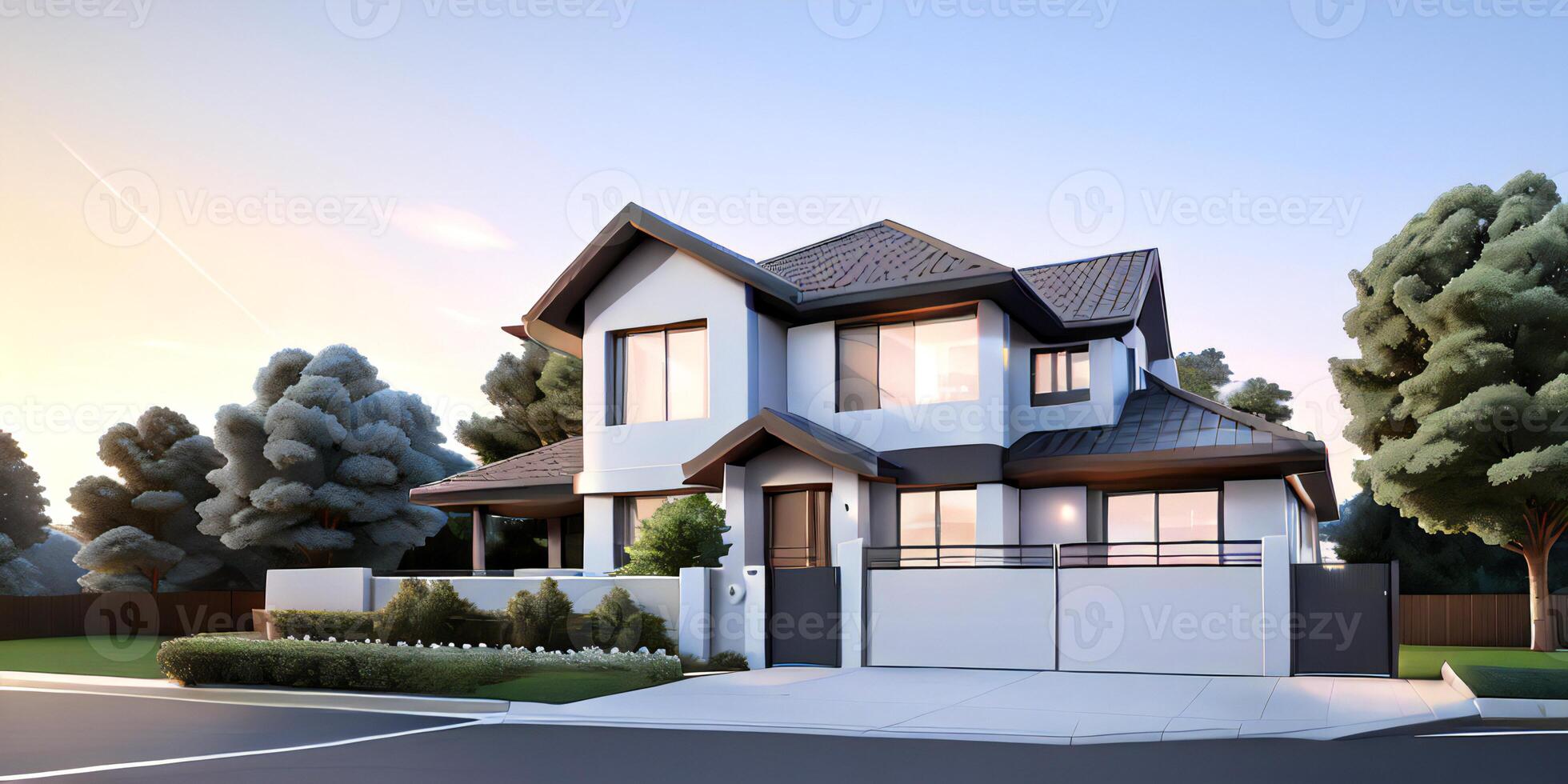 A modern house with a driveway in front of it ai generated photo