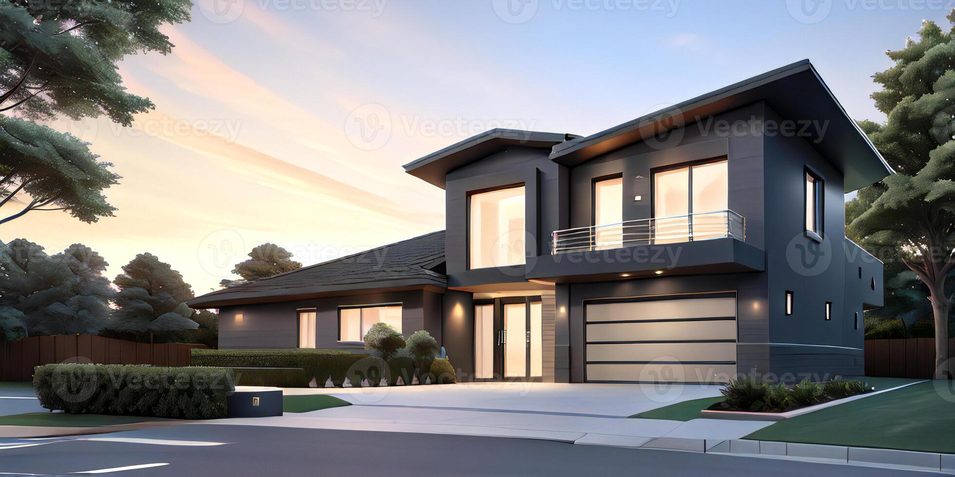 A modern house with a driveway in front of it photo