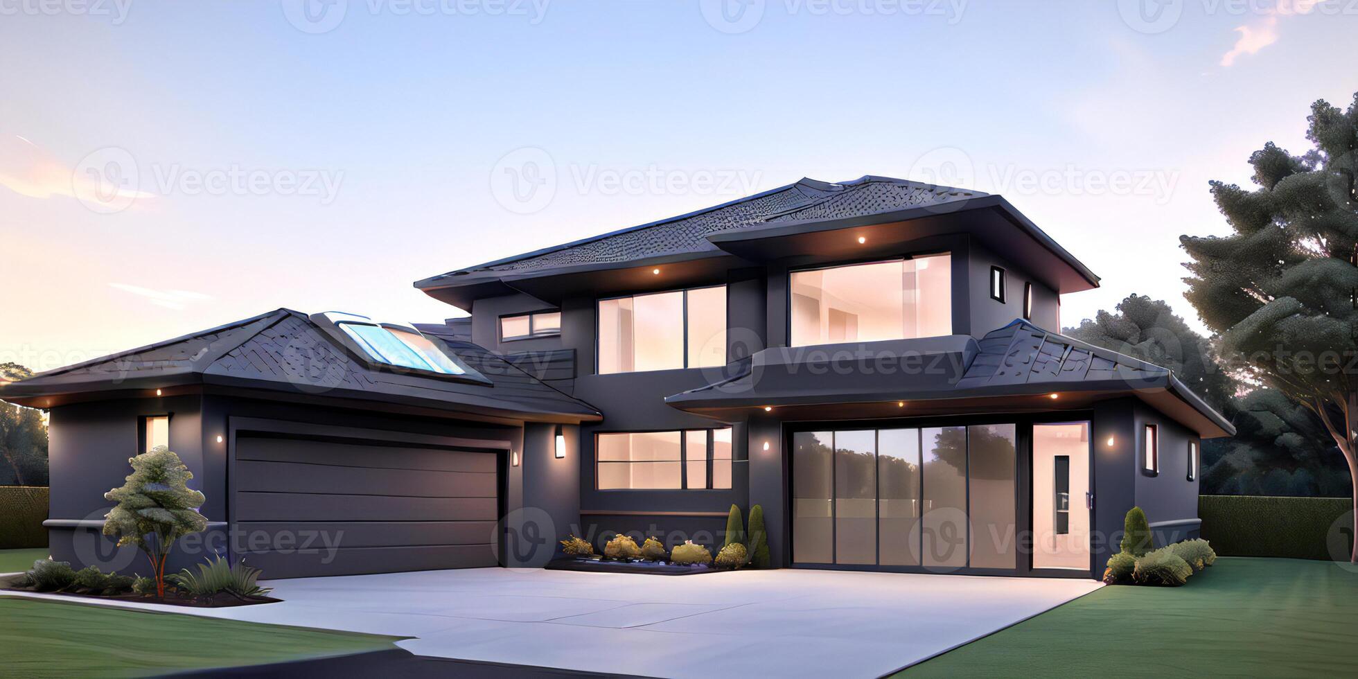 A modern house with a driveway in front of it photo