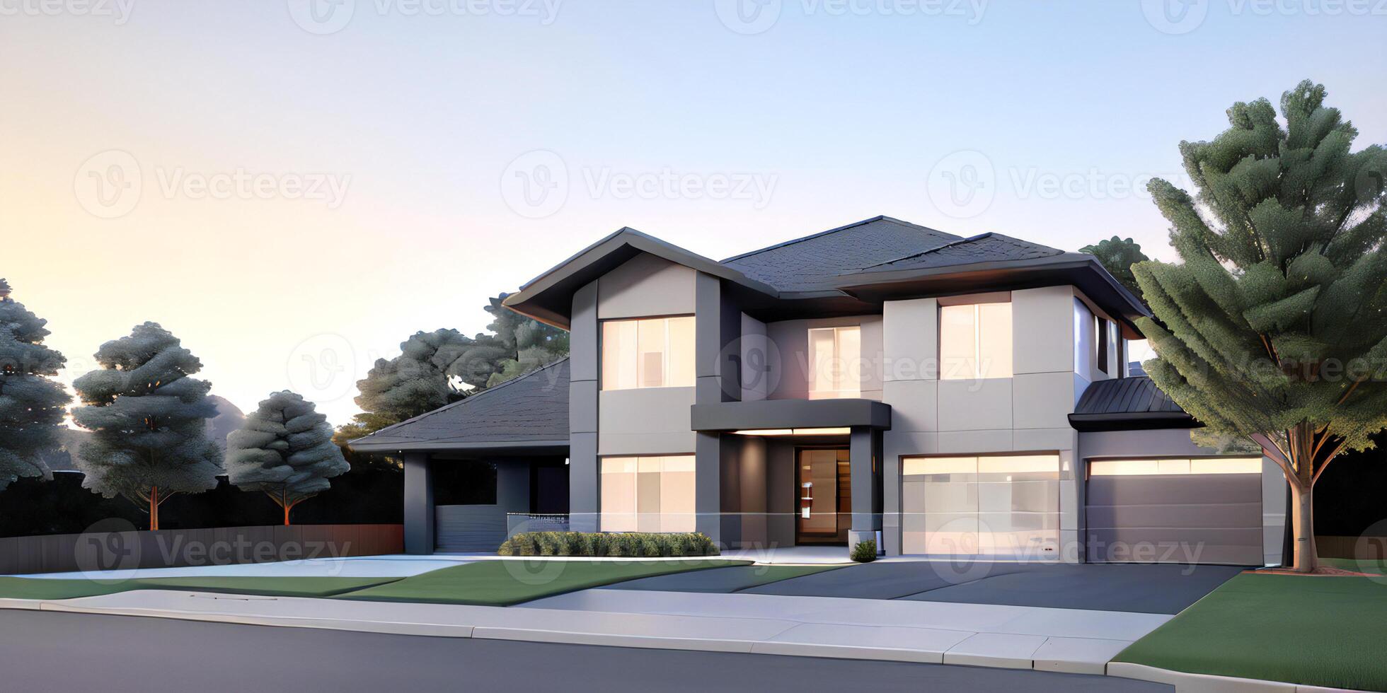 A modern house with a driveway in front of it photo