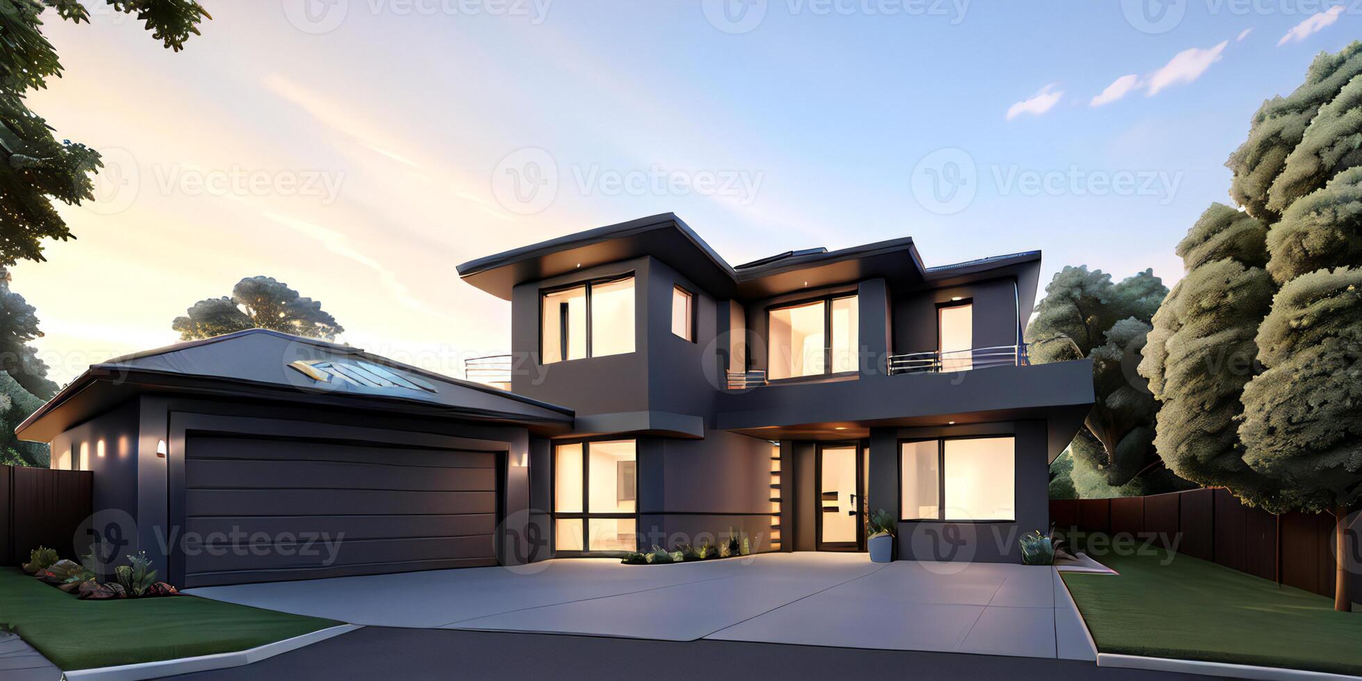 A modern house with a driveway in front of it photo