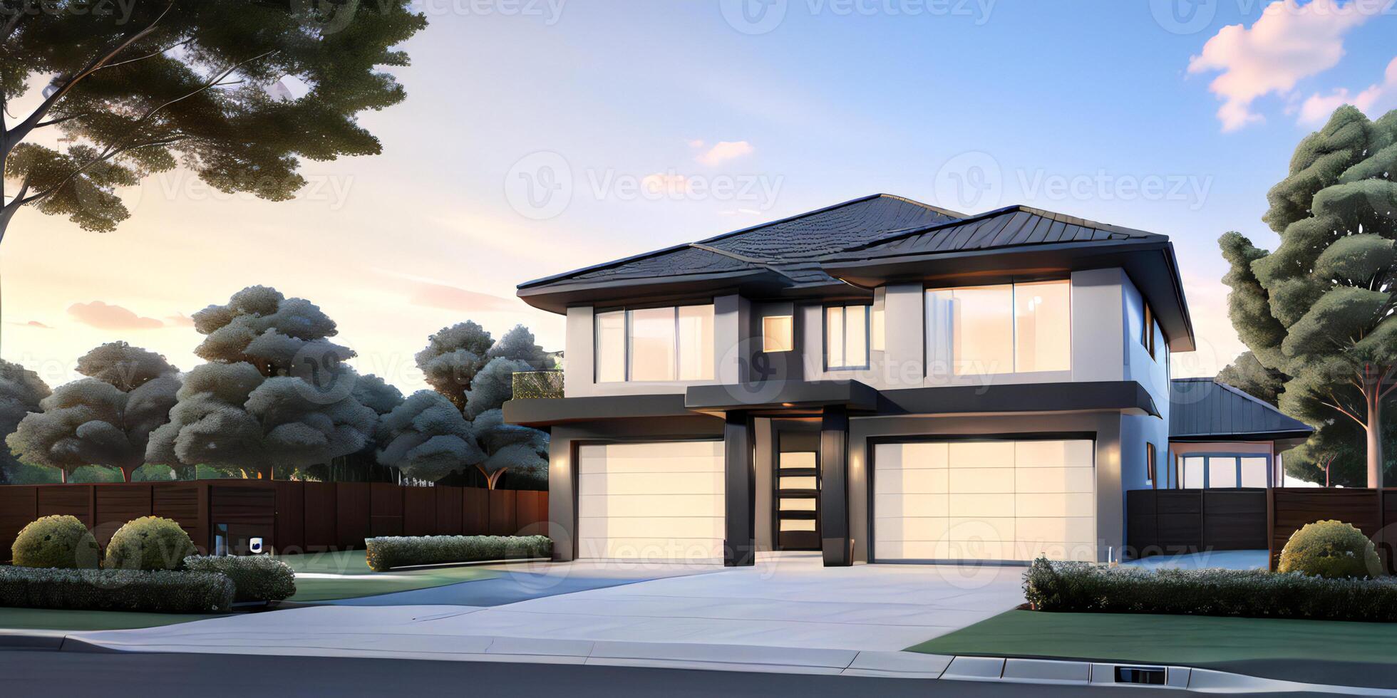 A modern house with a driveway in front of it photo