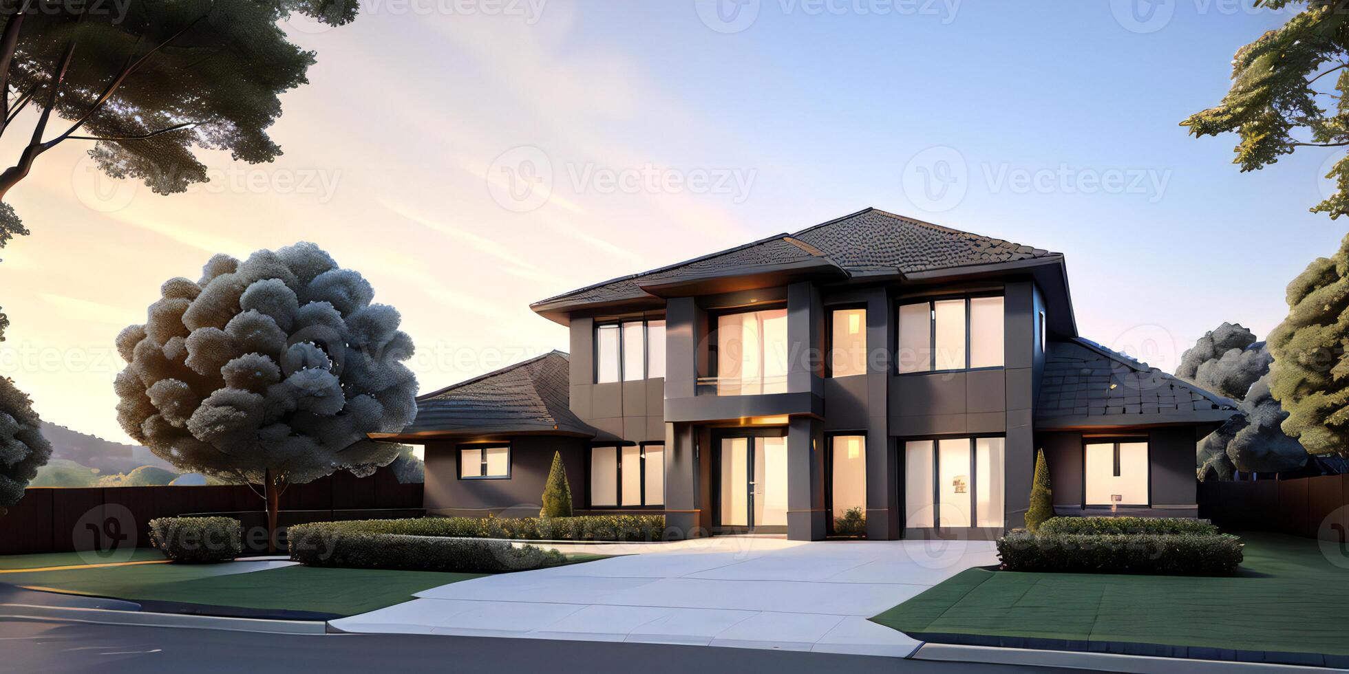 A modern house with a driveway in front of it ai generated photo