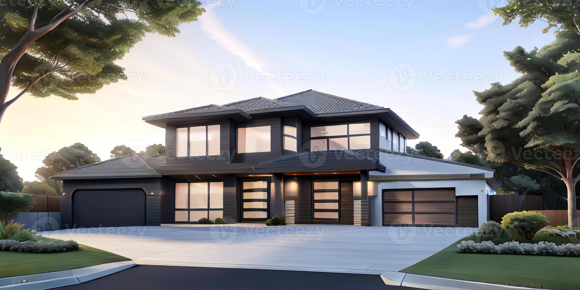 A modern house with a driveway in front of it photo